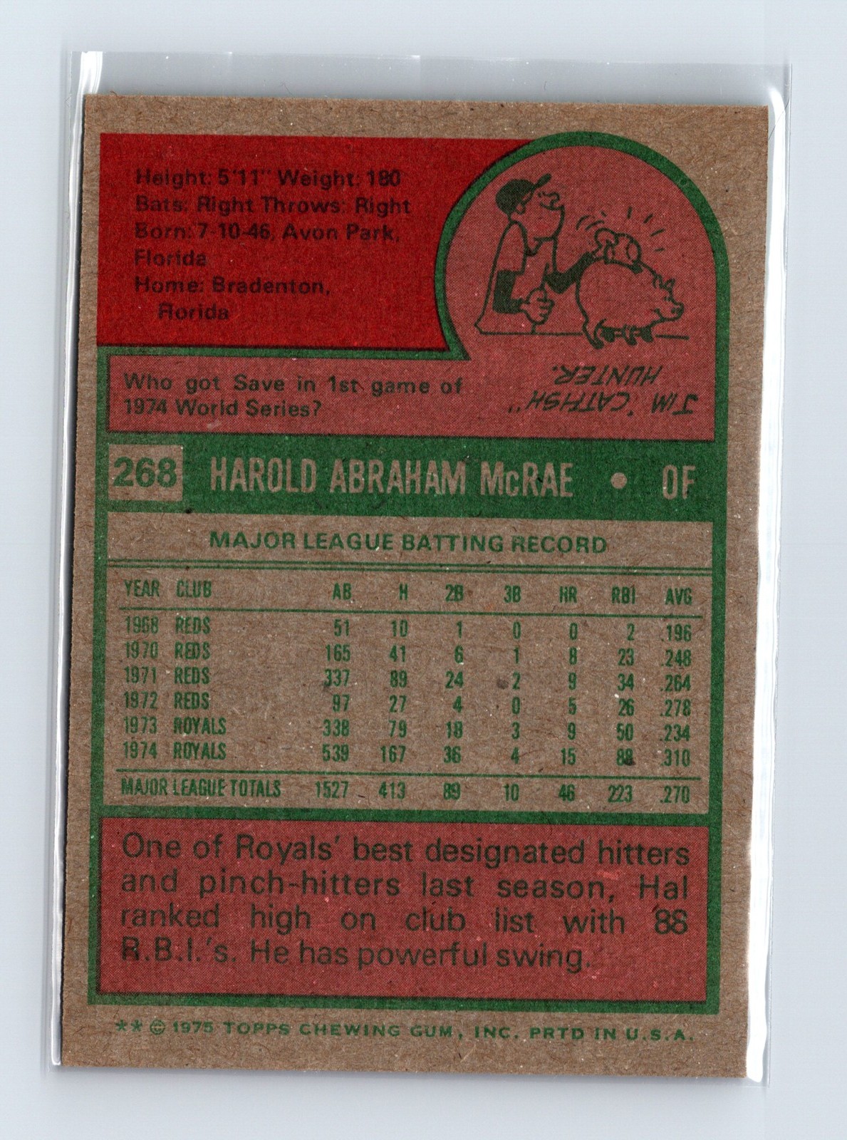 1975 Topps Baseball - SET BREAK - #268 Hal McRae - Image 2