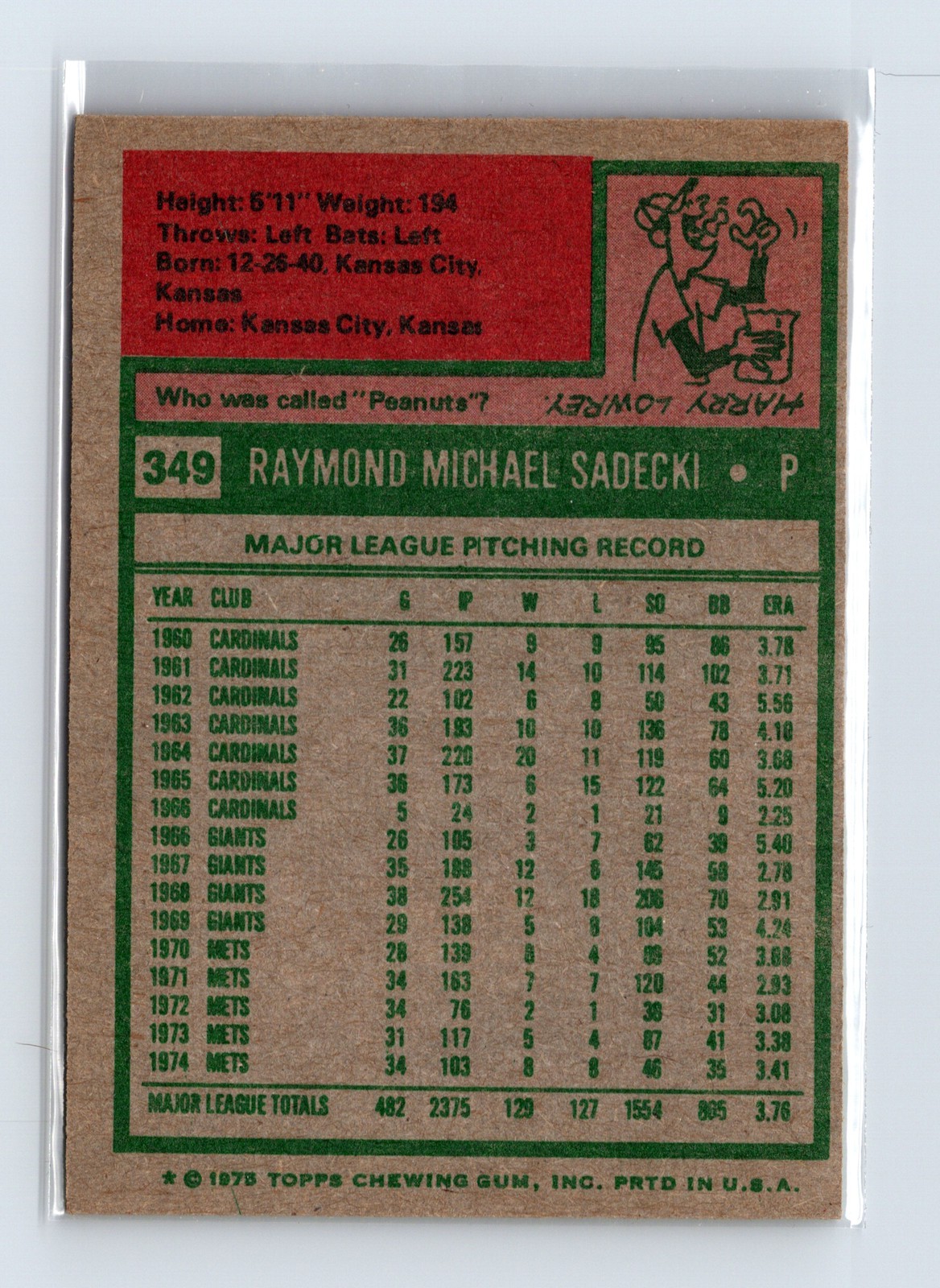 1975 Topps Baseball - SET BREAK - #349 Ray Sadecki - Image 2