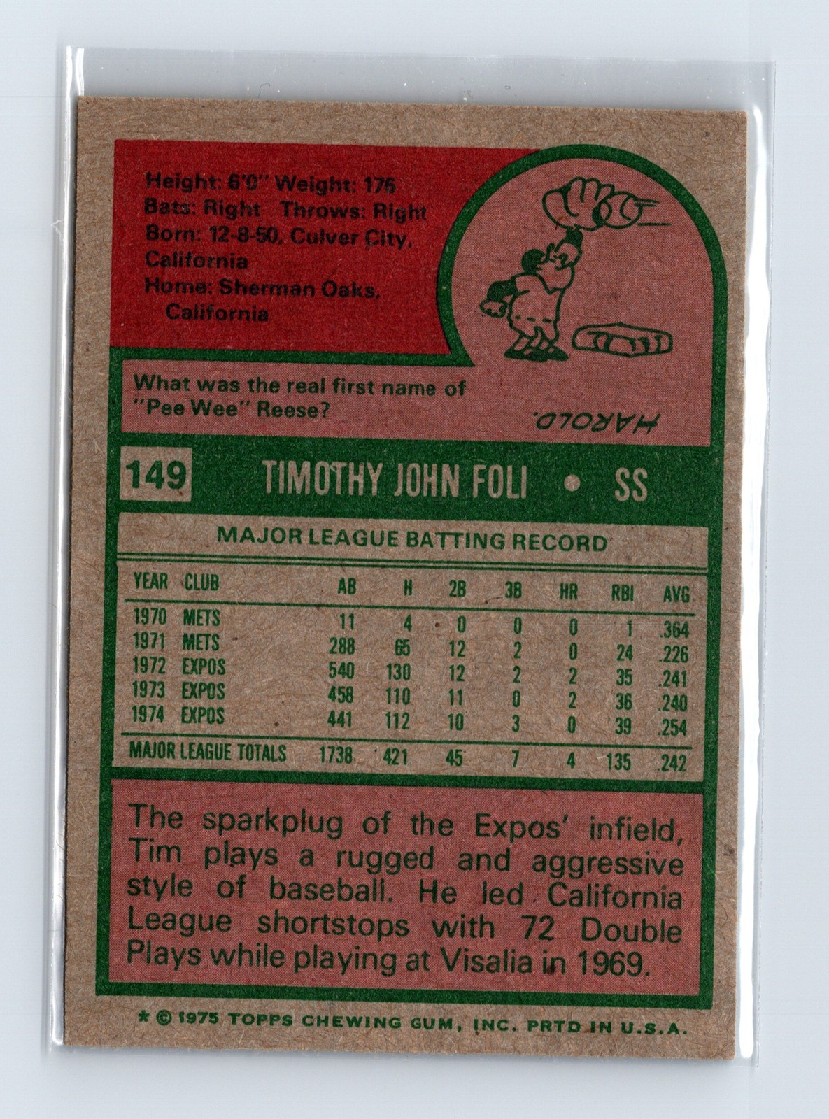 1975 Topps Baseball - SET BREAK - #149 Tim Foli - Image 2