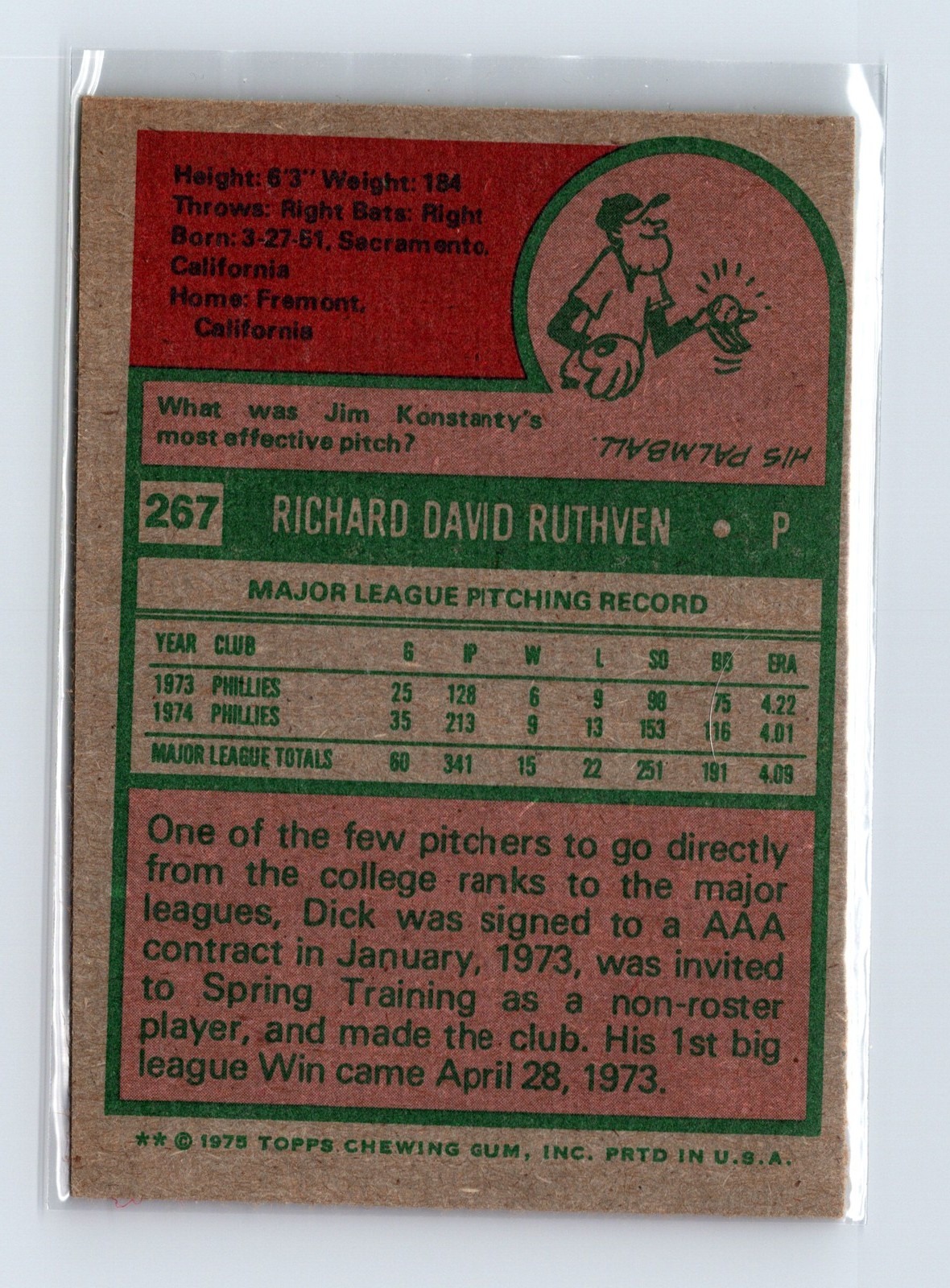 1975 Topps Baseball - SET BREAK - #267 Dick Ruthven - Image 2