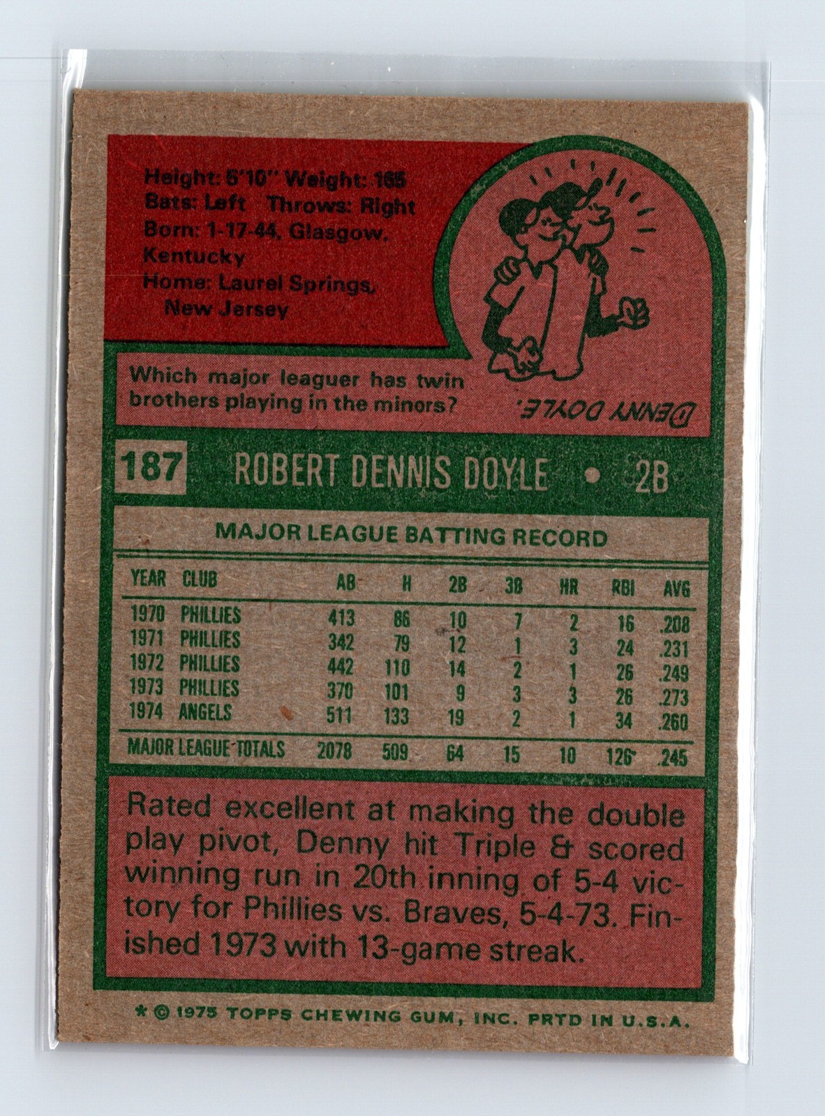 1975 Topps Baseball - SET BREAK - #187 Denny Doyle - Image 2