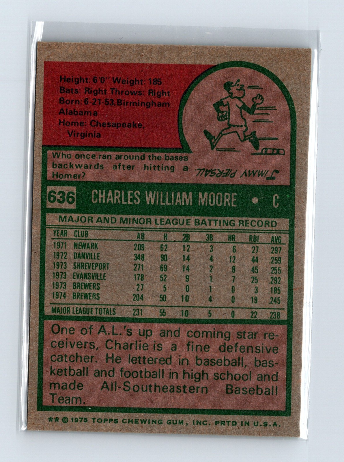 1975 Topps Baseball - SET BREAK - #636 Charlie Moore - Image 2
