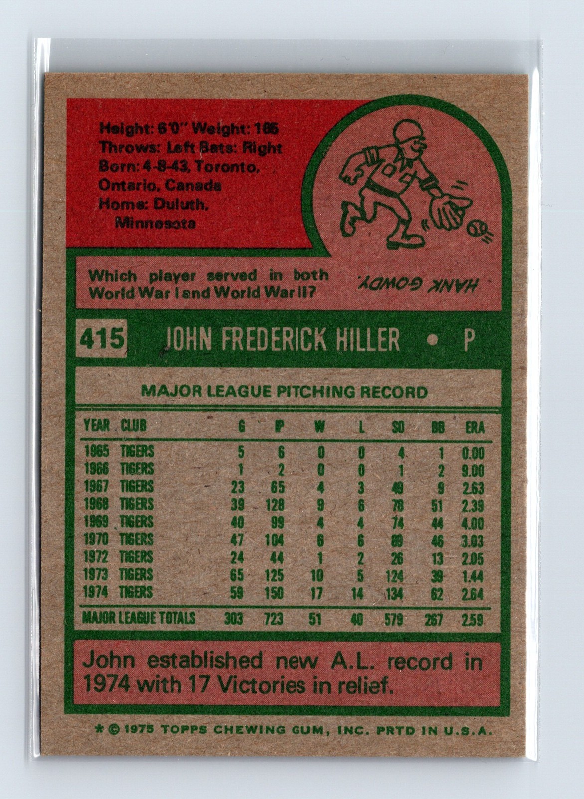 1975 Topps Baseball - SET BREAK - #415 John Hiller - Image 2