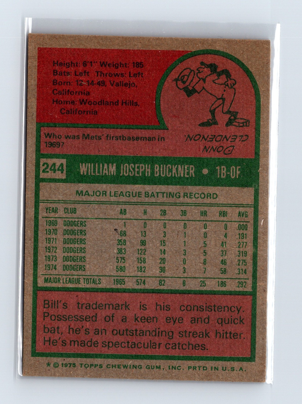 1975 Topps Baseball - SET BREAK - #244 Bill Buckner - Image 2