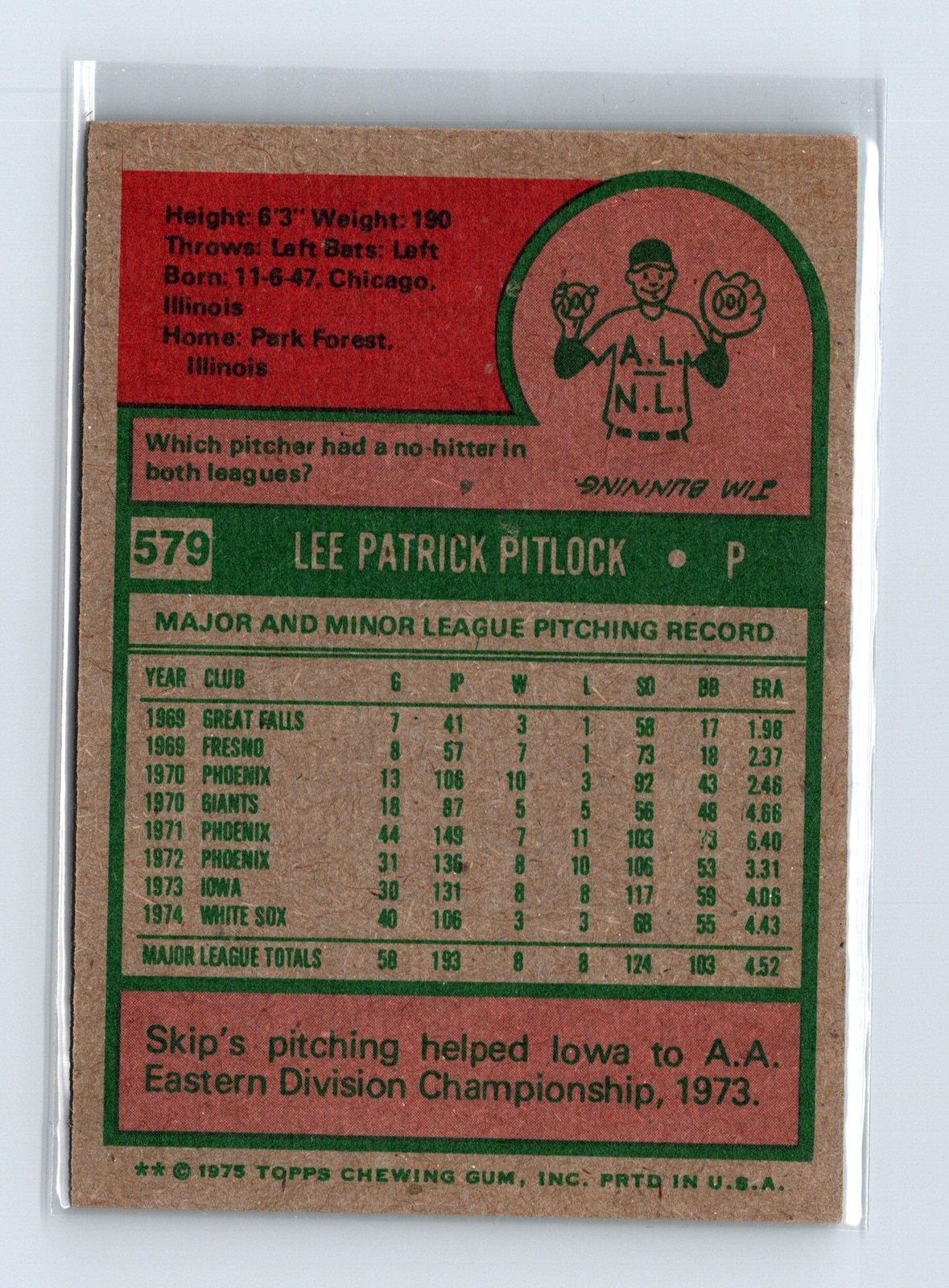 1975 Topps Baseball - SET BREAK - #579 Skip Pitlock - Image 2