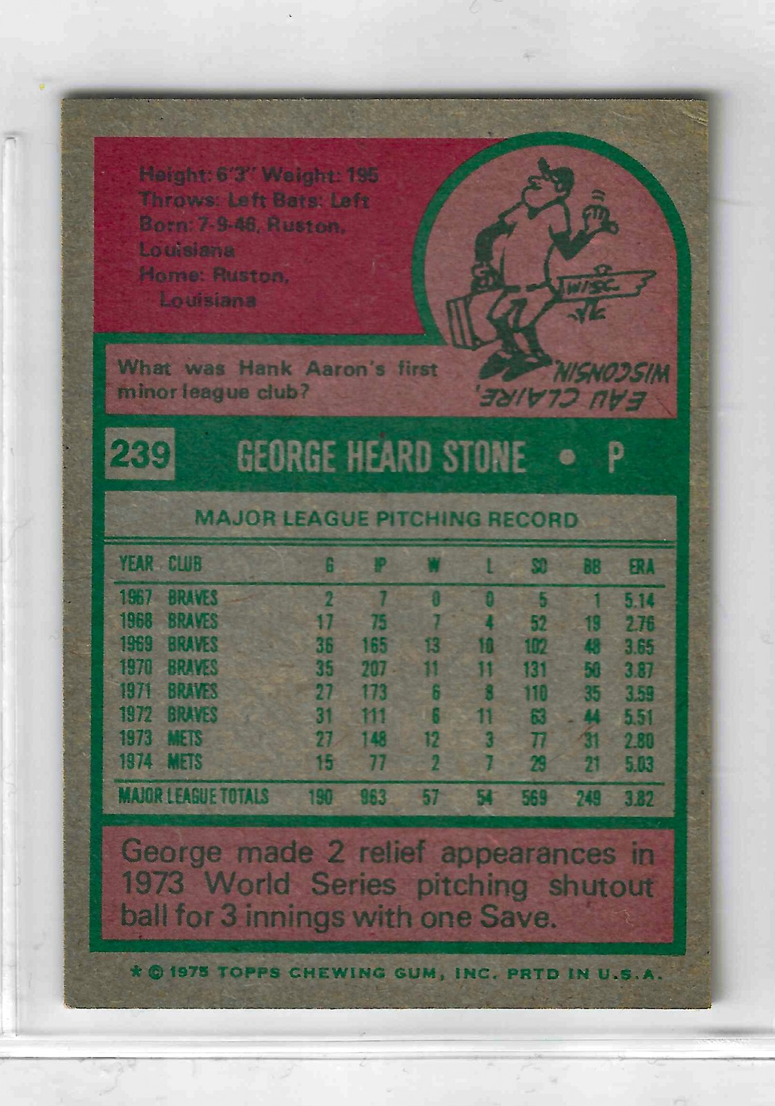 1975 Topps MINI Baseball - SET BREAK - George Stone #239 - Image 2