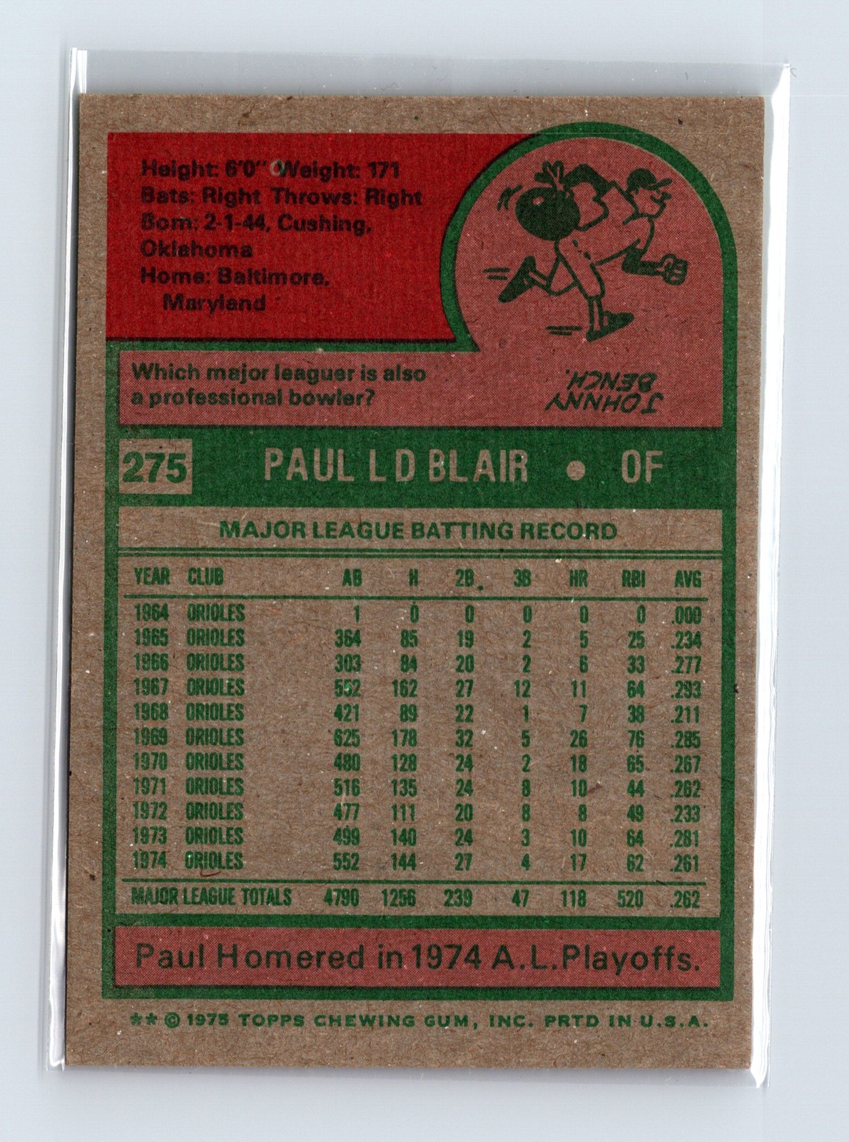 1975 Topps Baseball - SET BREAK - #275 Paul Blair - Image 2