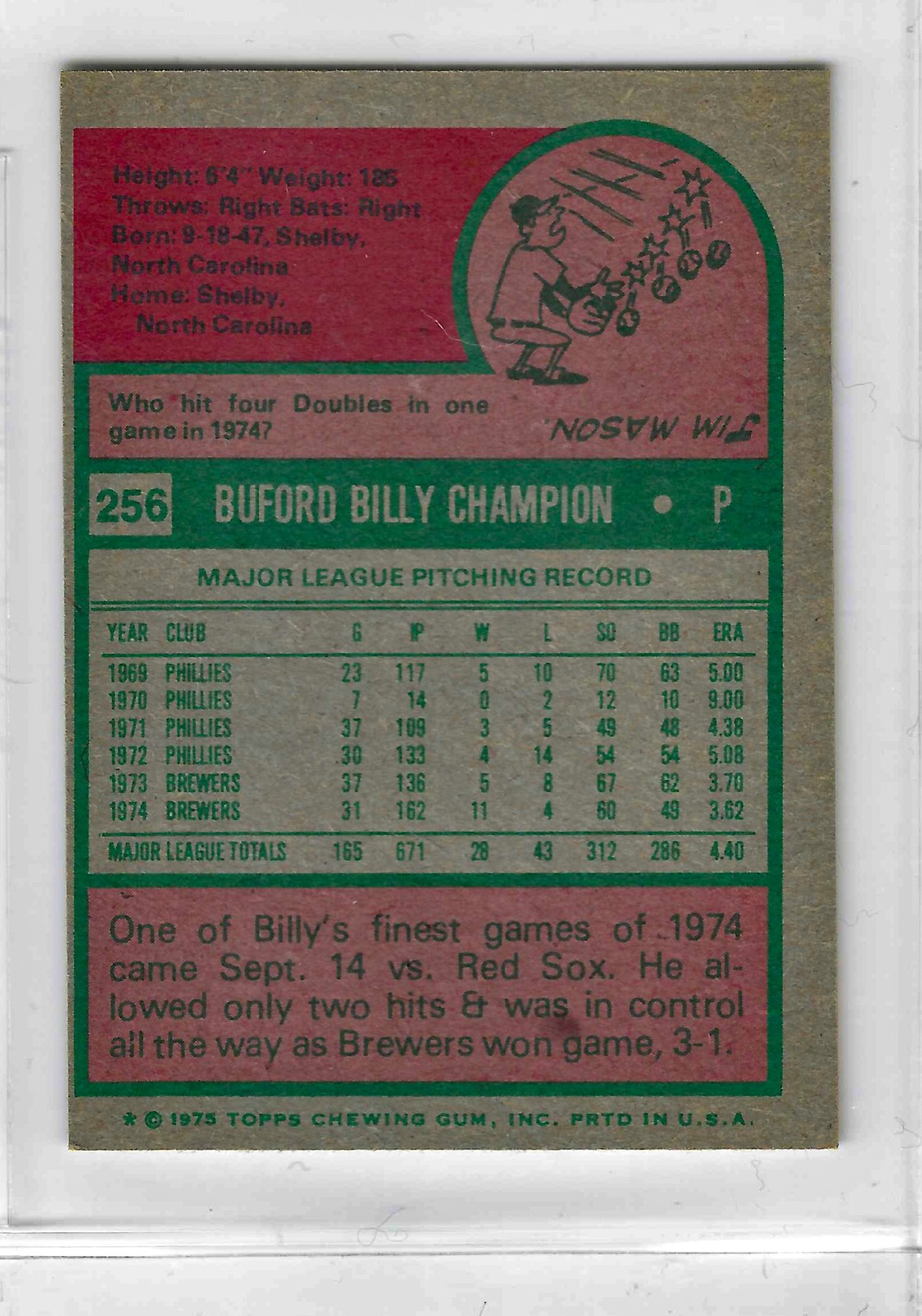 1975 Topps MINI Baseball - SET BREAK - Billy Champion #256 - Image 2