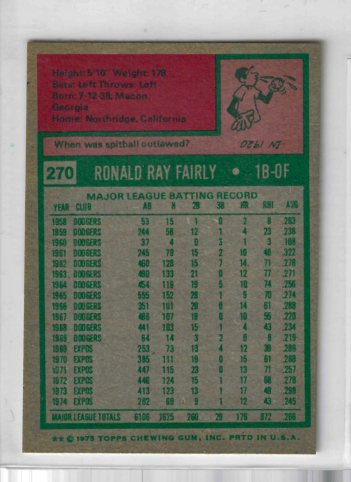 1975 Topps MINI Baseball - SET BREAK - Ron Fairly #270 - Image 2
