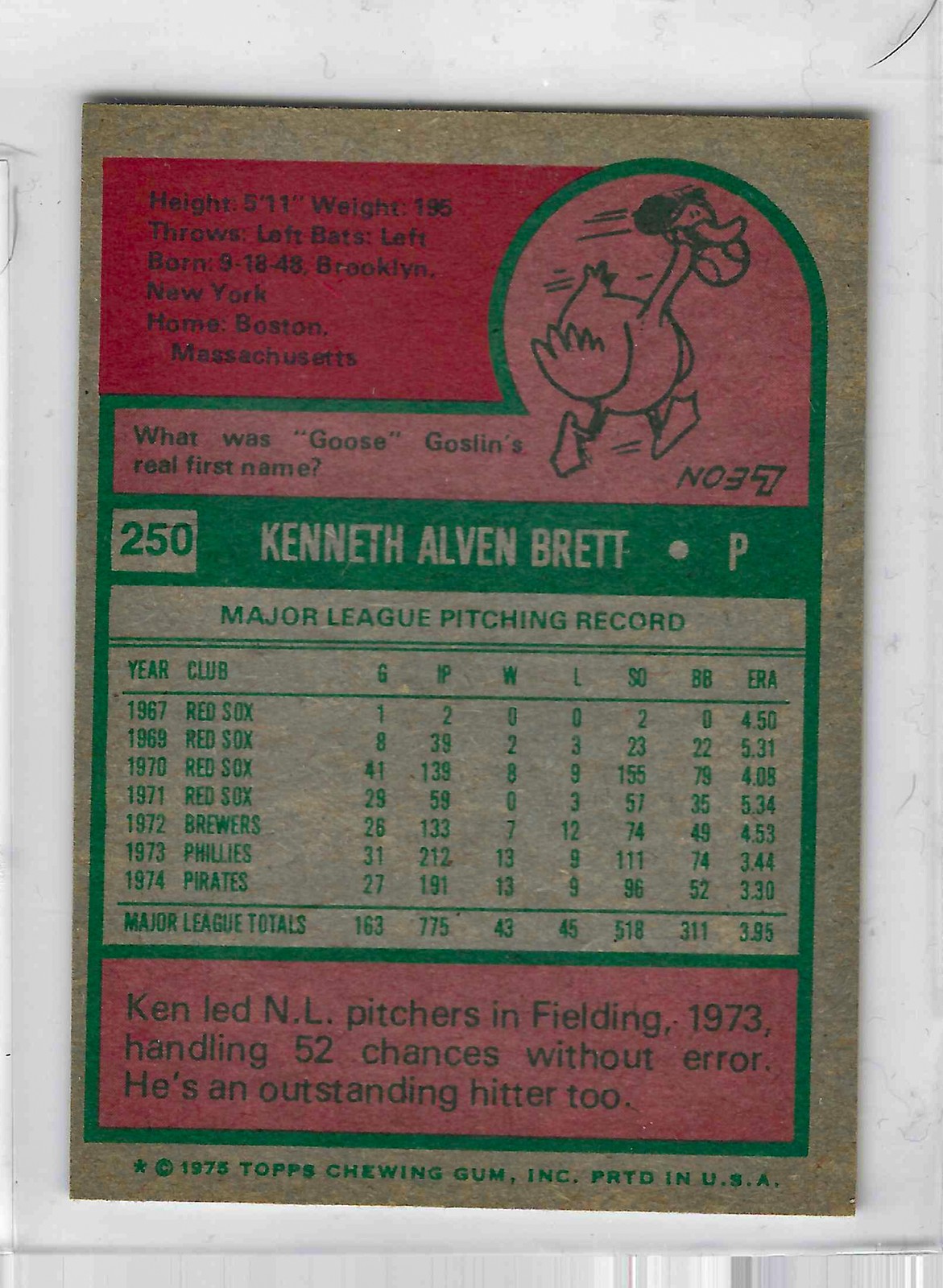 1975 Topps MINI Baseball - SET BREAK - Ken Brett #250 - Image 2