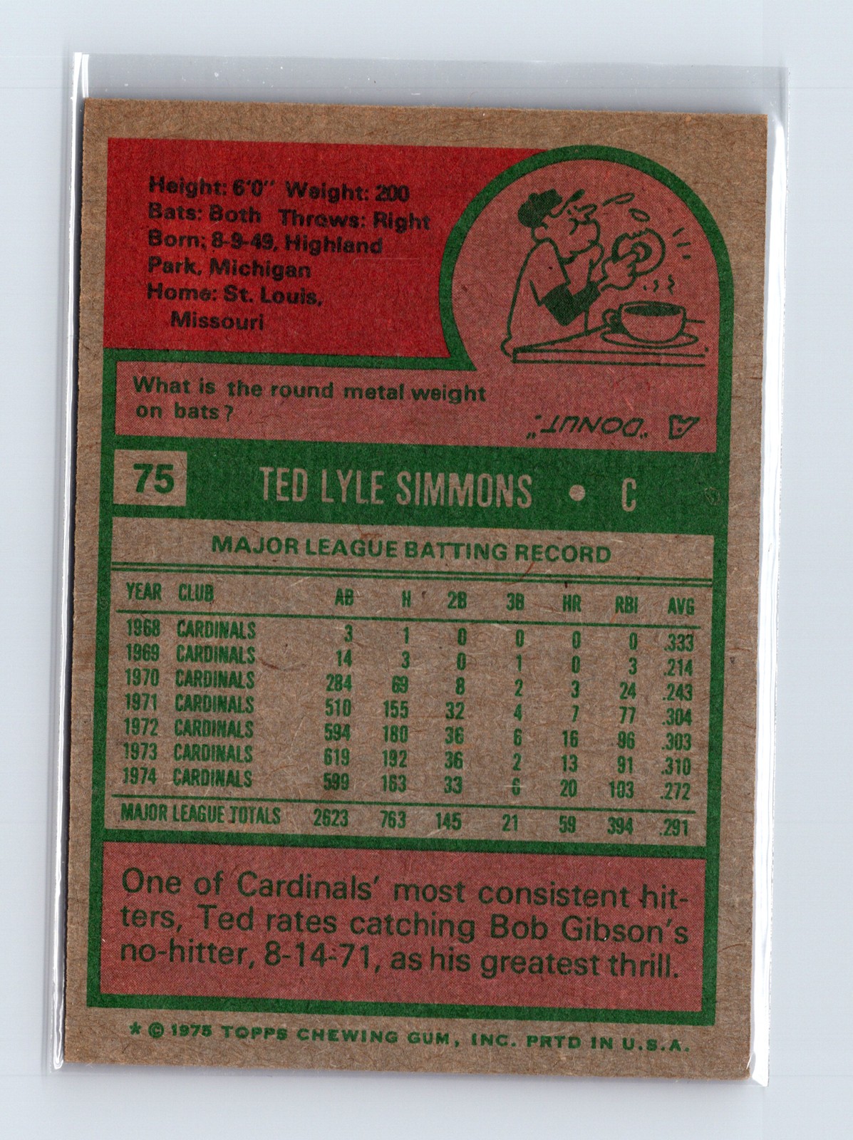 1975 Topps Baseball - SET BREAK - #75 Ted Simmons (HOF) - Image 2