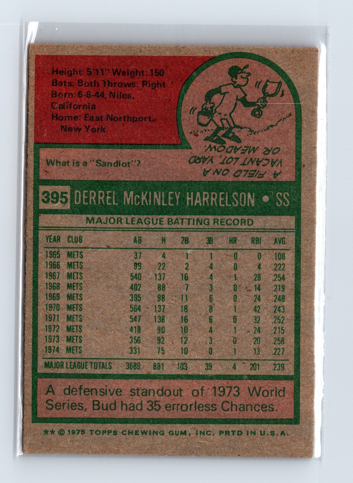 1975 Topps Baseball - SET BREAK - #395 Bud Harrelson - Image 2