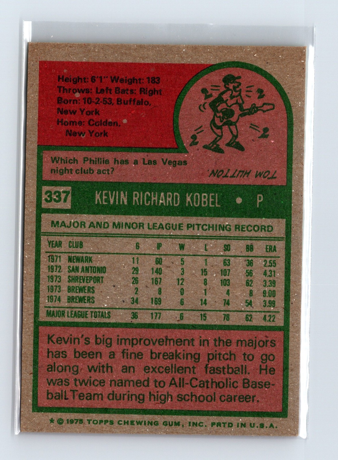 1975 Topps Baseball - SET BREAK - #337 Kevin Kobel - Image 2