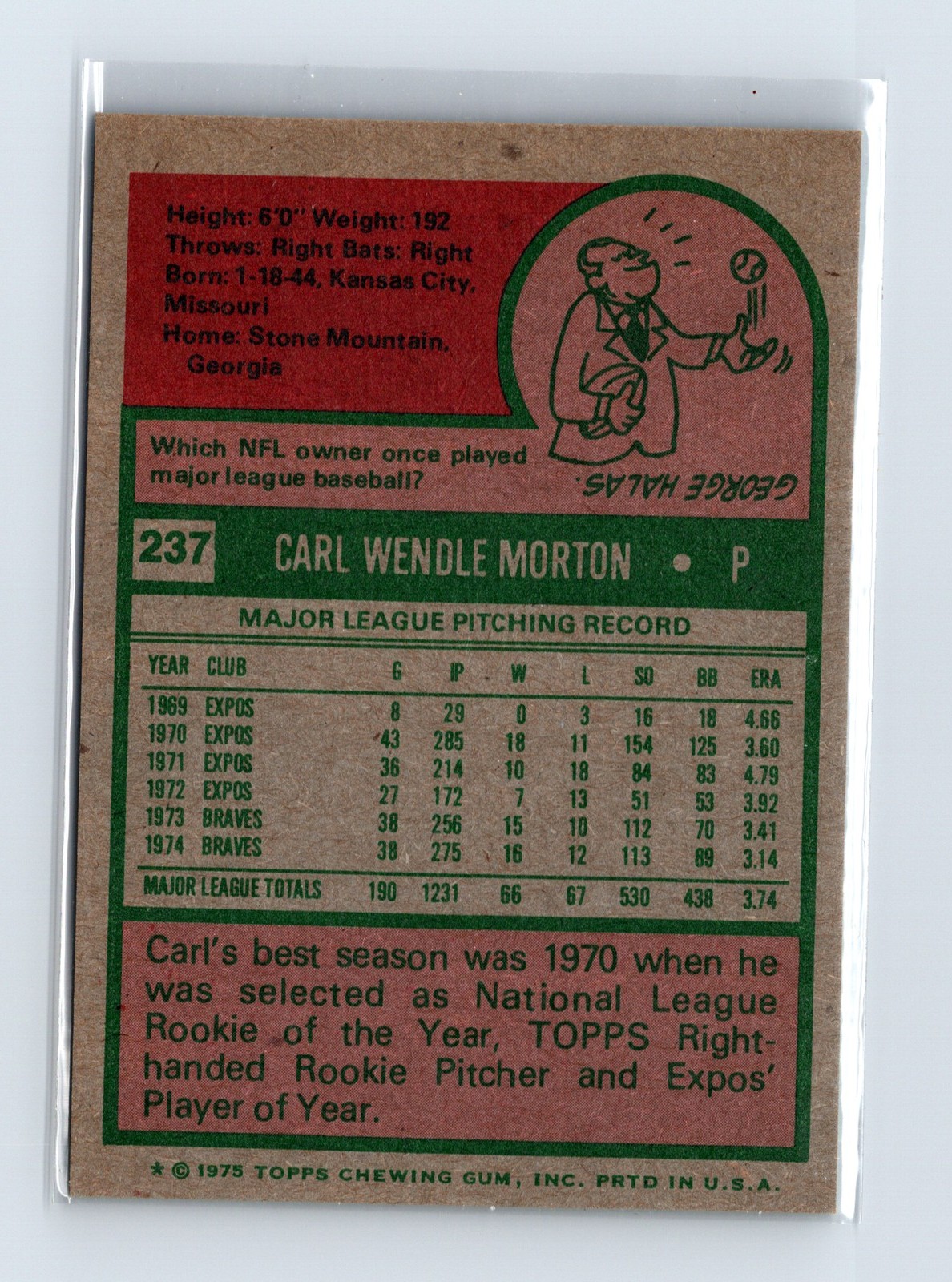 1975 Topps Baseball - SET BREAK - #237 Carl Morton - Image 2