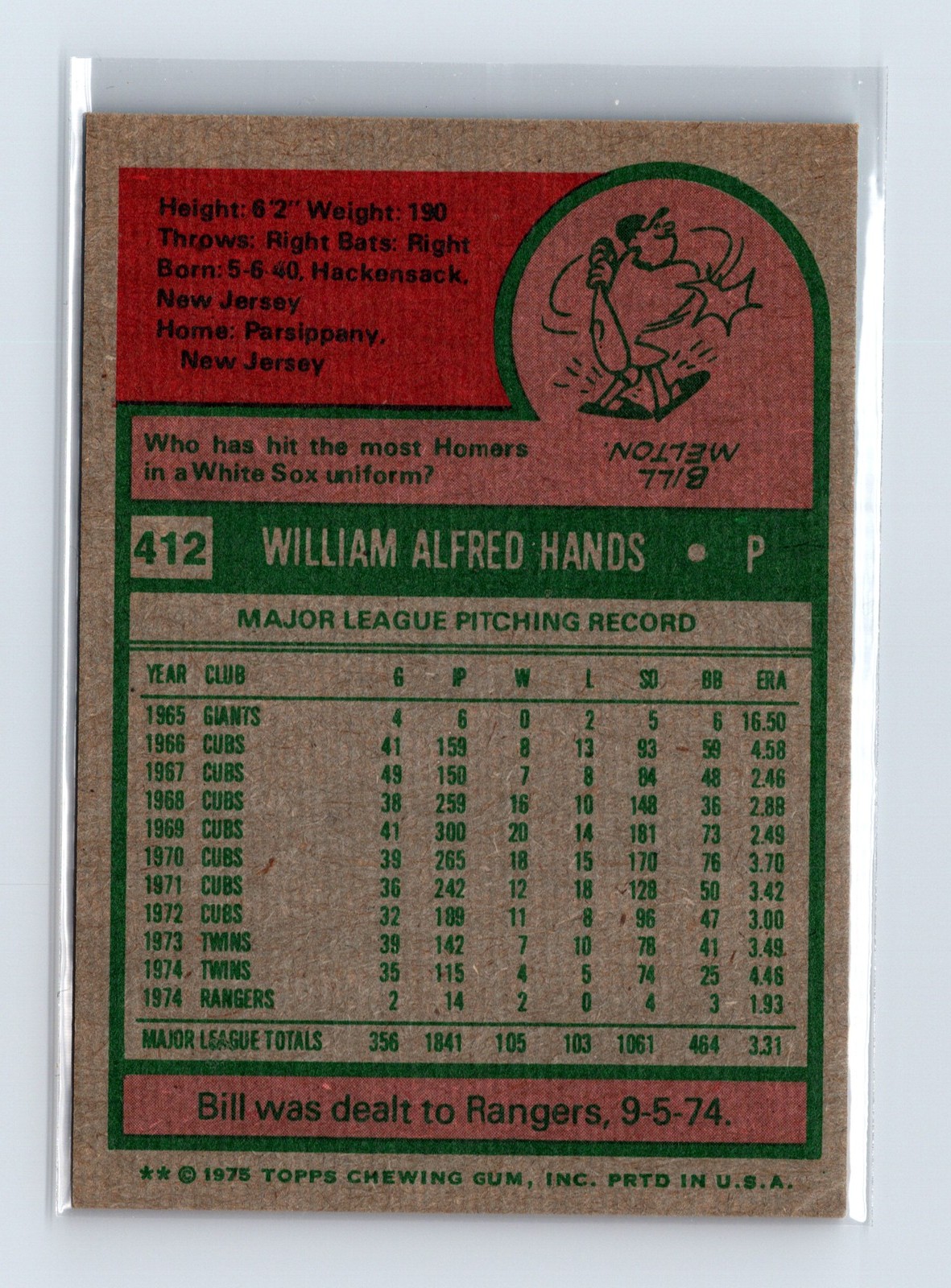 1975 Topps Baseball - SET BREAK - #412 Bill Hands - Image 2