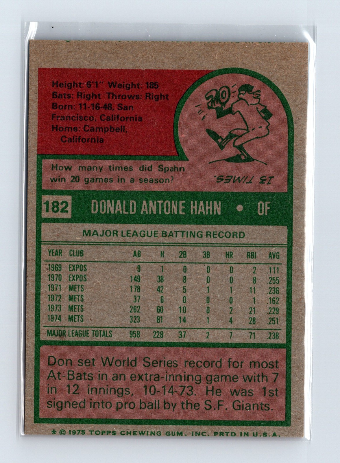 1975 Topps Baseball - SET BREAK - #182 Don Hahn - Image 2