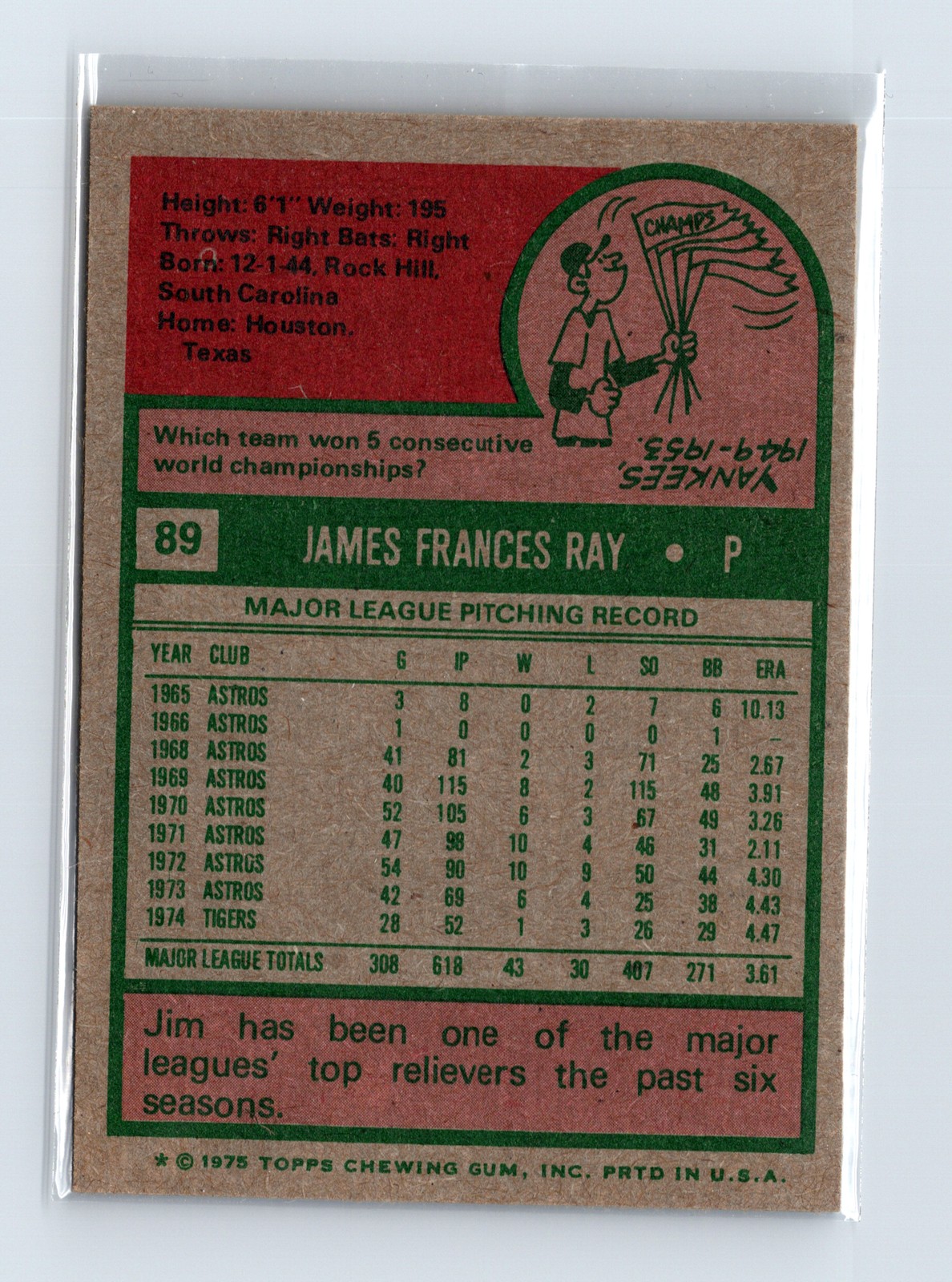 1975 Topps Baseball - SET BREAK - #89 Jim Ray - Image 2