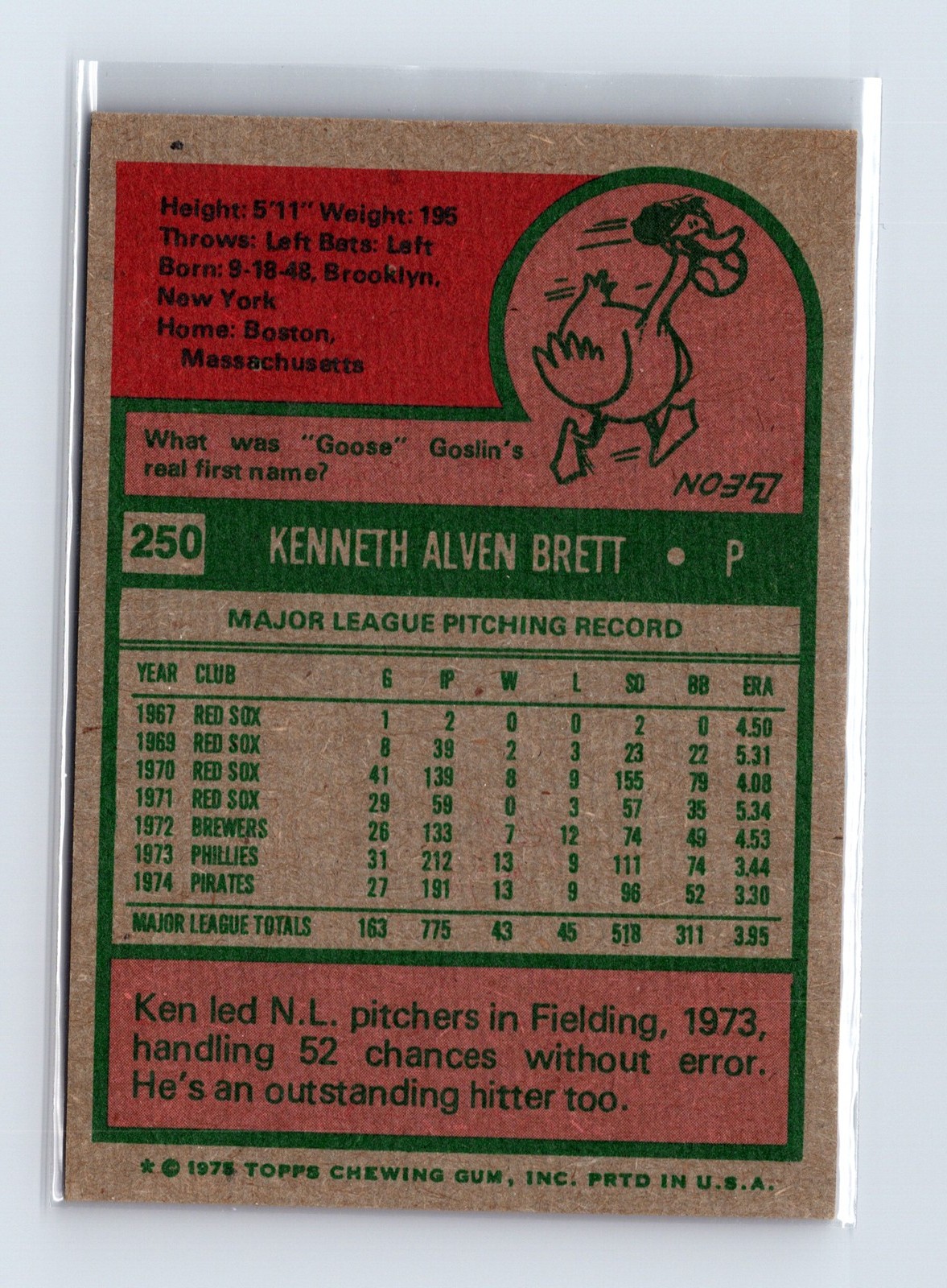 1975 Topps Baseball - SET BREAK - #250 Ken Brett - Image 2