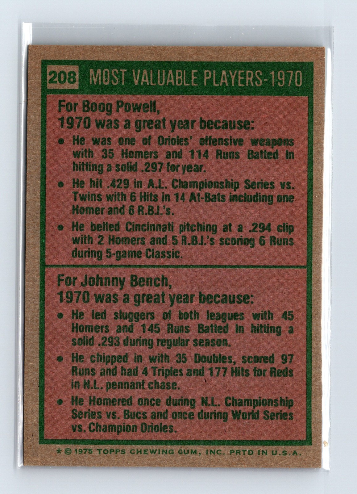 1975 Topps Baseball - SET BREAK - #208 1970 MVPs Powell Bench (HOF) - Image 2