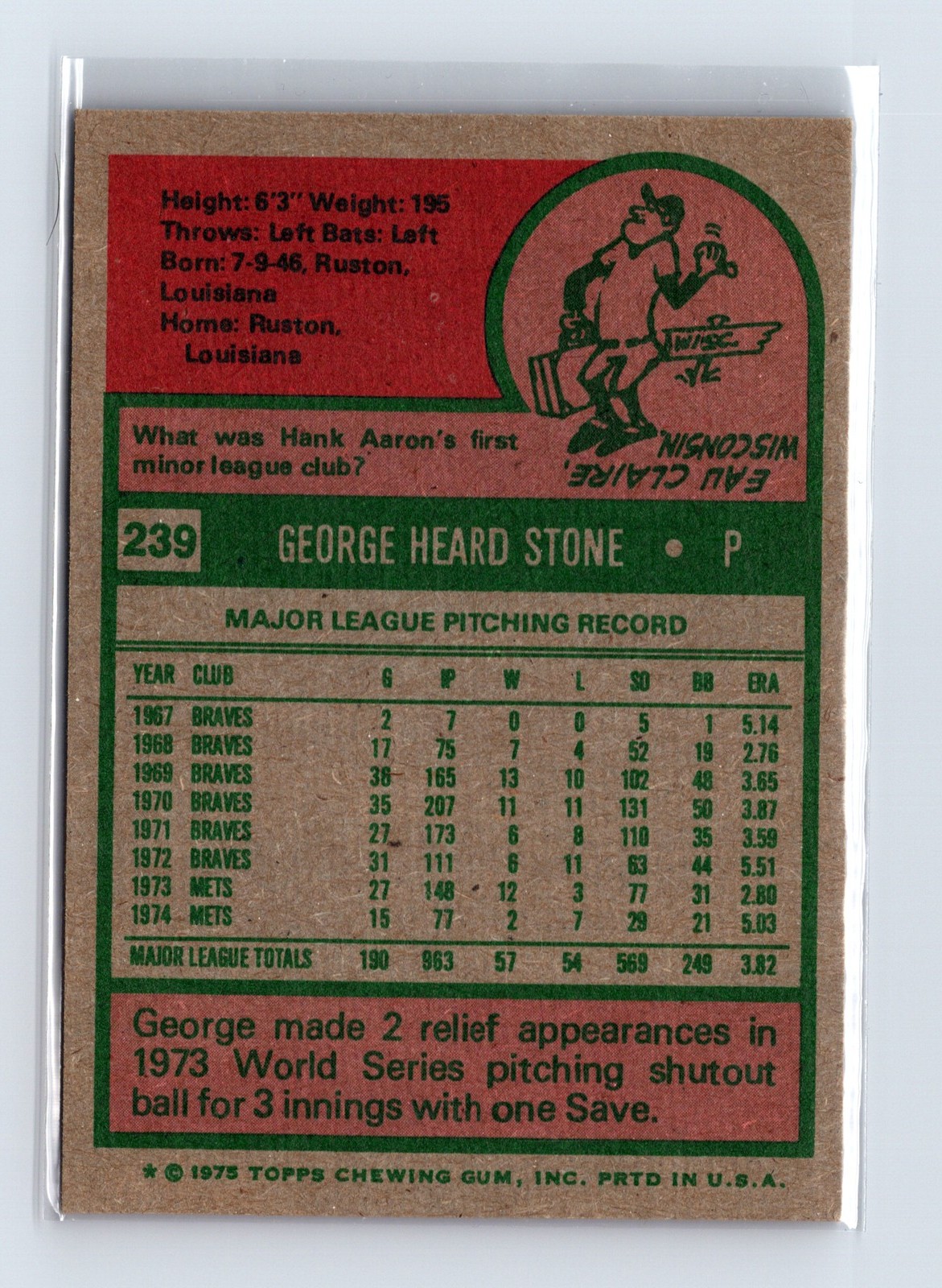 1975 Topps Baseball - SET BREAK - #239 George Stone - Image 2
