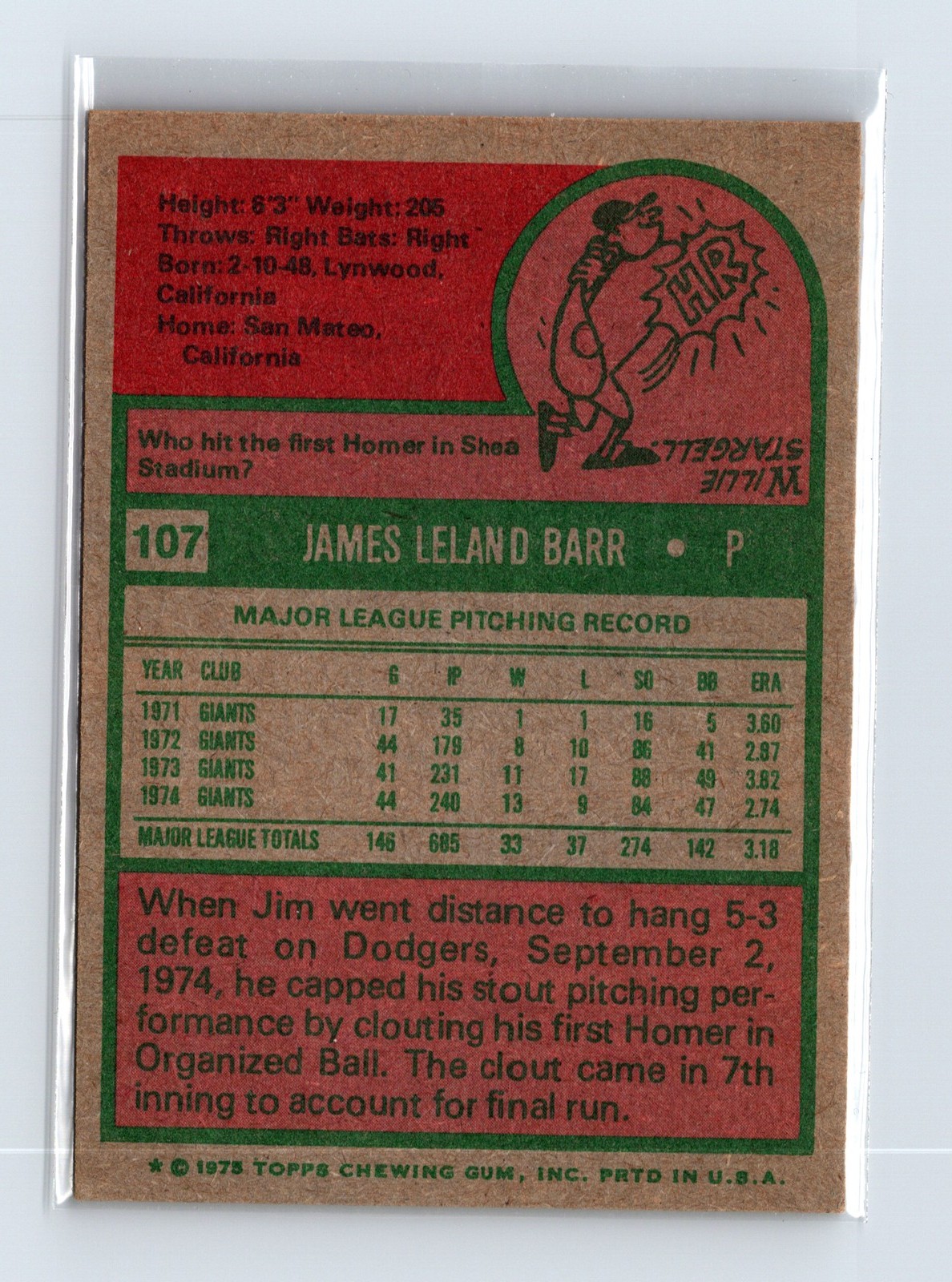 1975 Topps Baseball - SET BREAK - #107 Jim Barr - Image 2