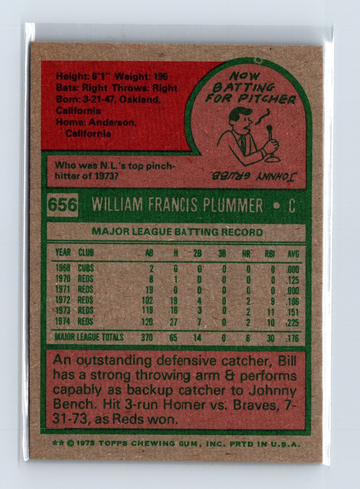 1975 Topps Baseball - SET BREAK - #656 Bill Plummer - Image 2