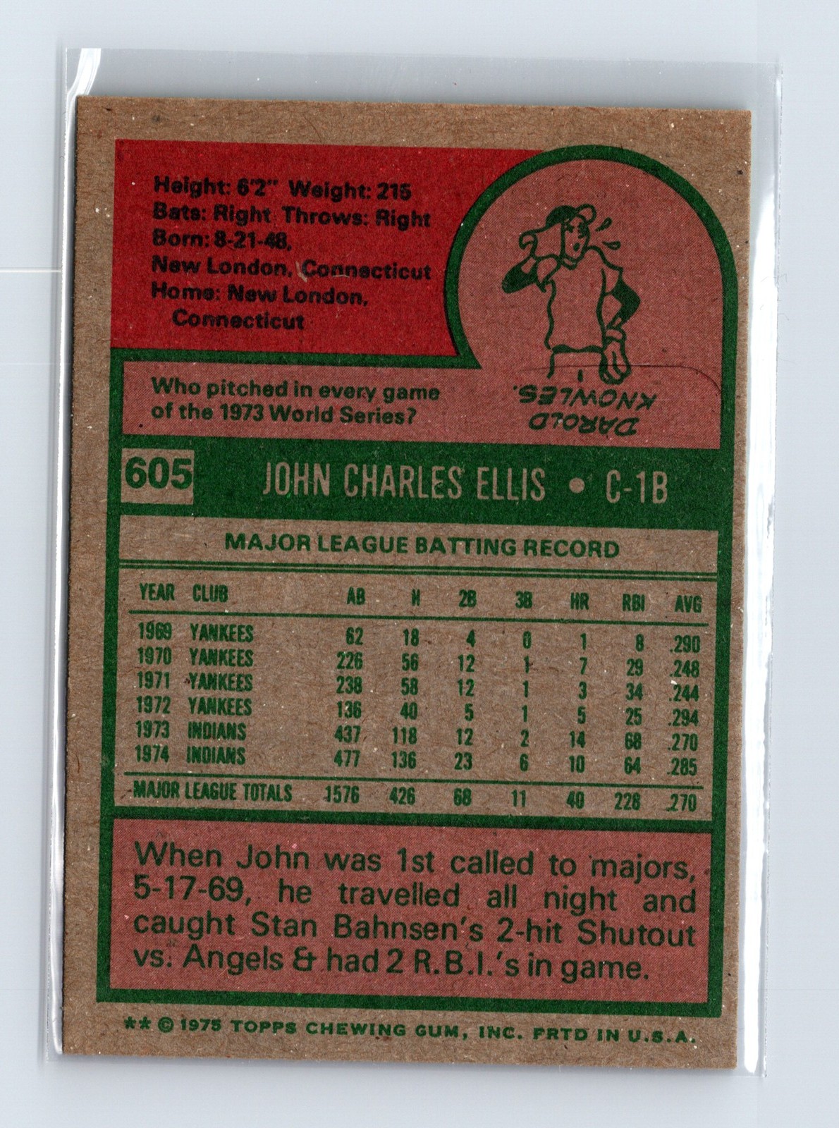 1975 Topps Baseball - SET BREAK - #605 John Ellis - Image 2