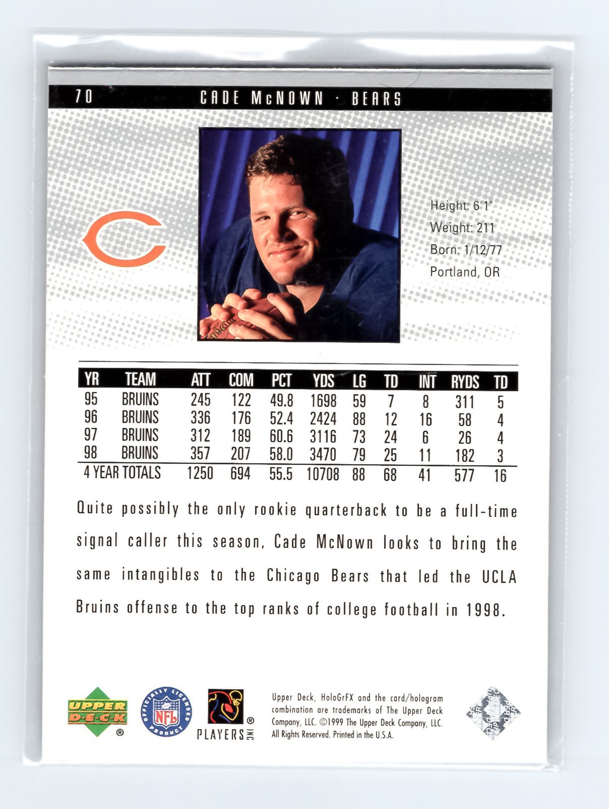 1999 Upper Deck HoloGrFX #70 Cade McNown Rookie Card Bears EXCELLENT - Image 2
