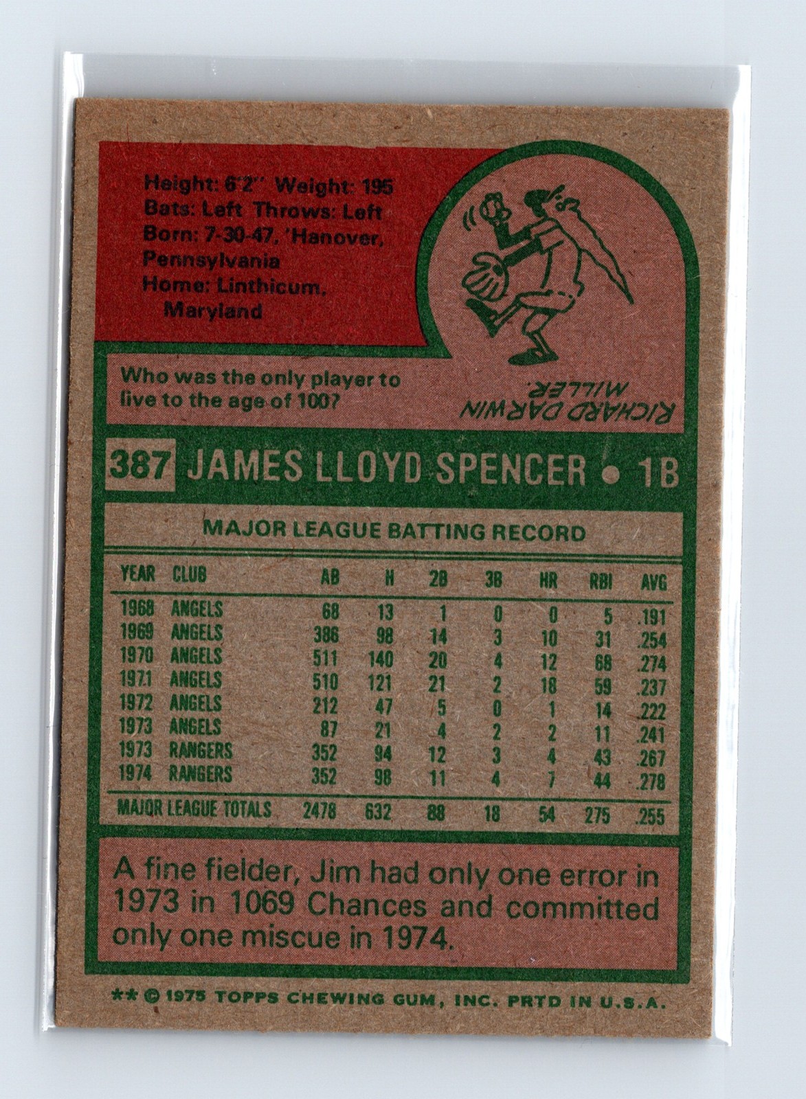 1975 Topps Baseball - SET BREAK - #387 Jim Spencer - Image 2