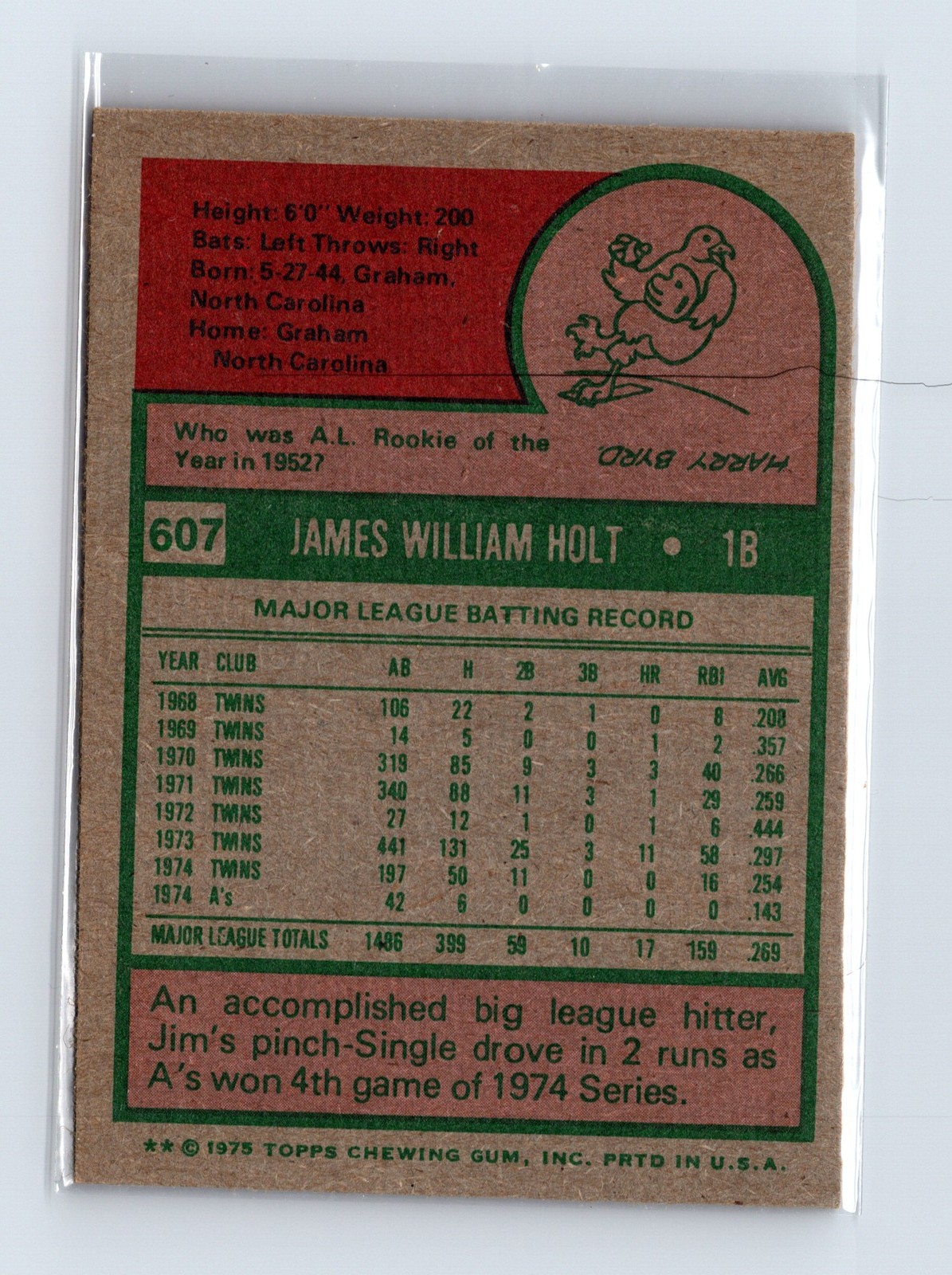 1975 Topps Baseball - SET BREAK - #607 Jim Holt - Image 2