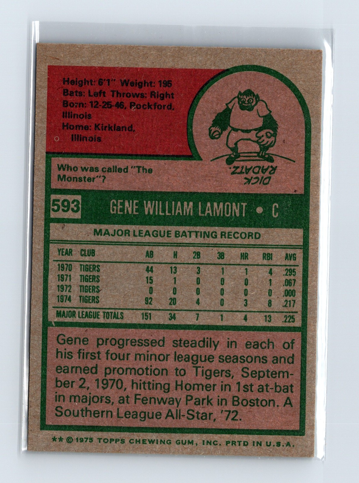 1975 Topps Baseball - SET BREAK - #593 Gene Lamont - Image 2