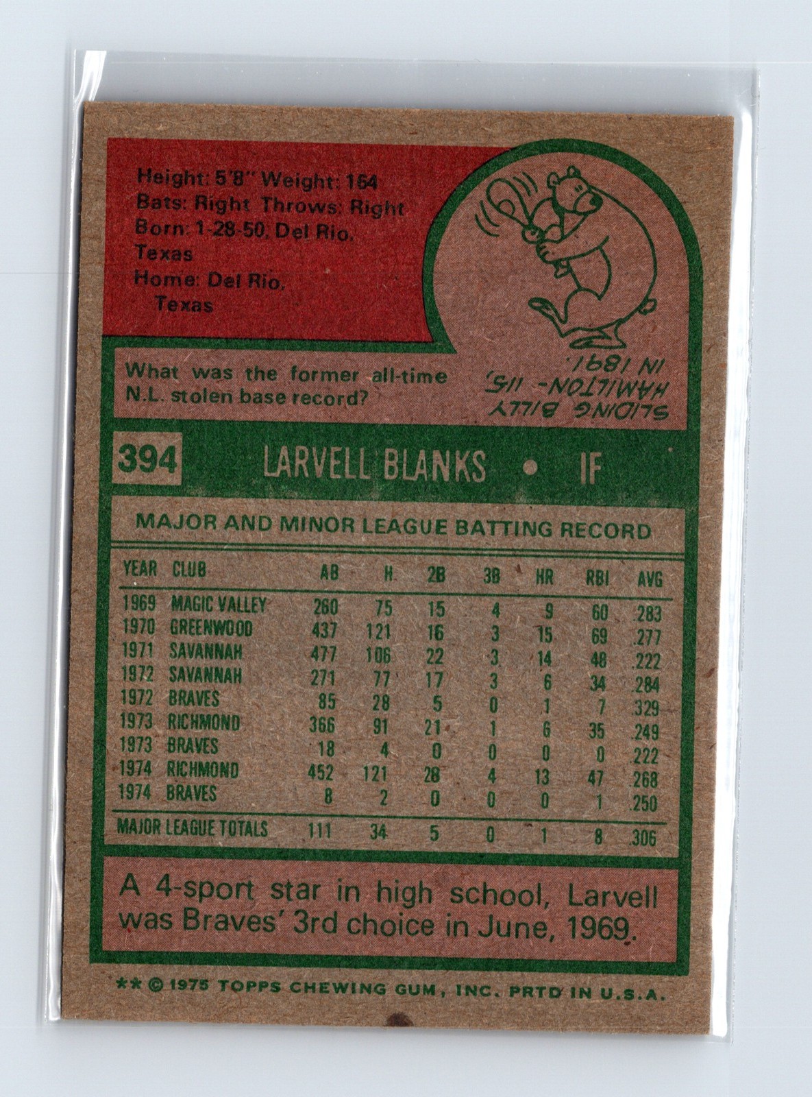 1975 Topps Baseball - SET BREAK - #394 Larvell Blanks - Image 2