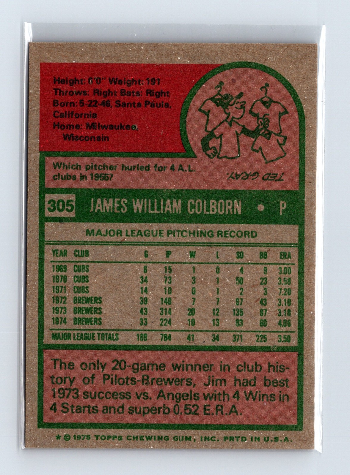 1975 Topps Baseball - SET BREAK - #305 Jim Colborn - Image 2