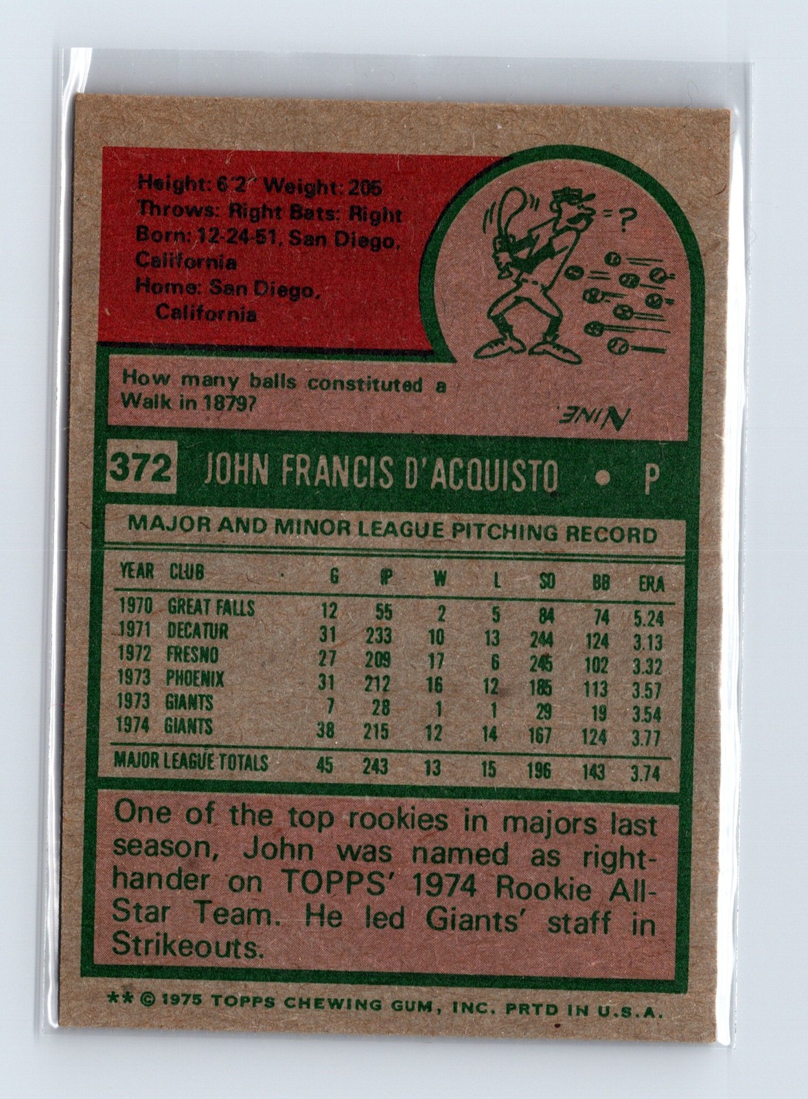 1975 Topps Baseball - SET BREAK - #372 John D'Acquisto - Image 2