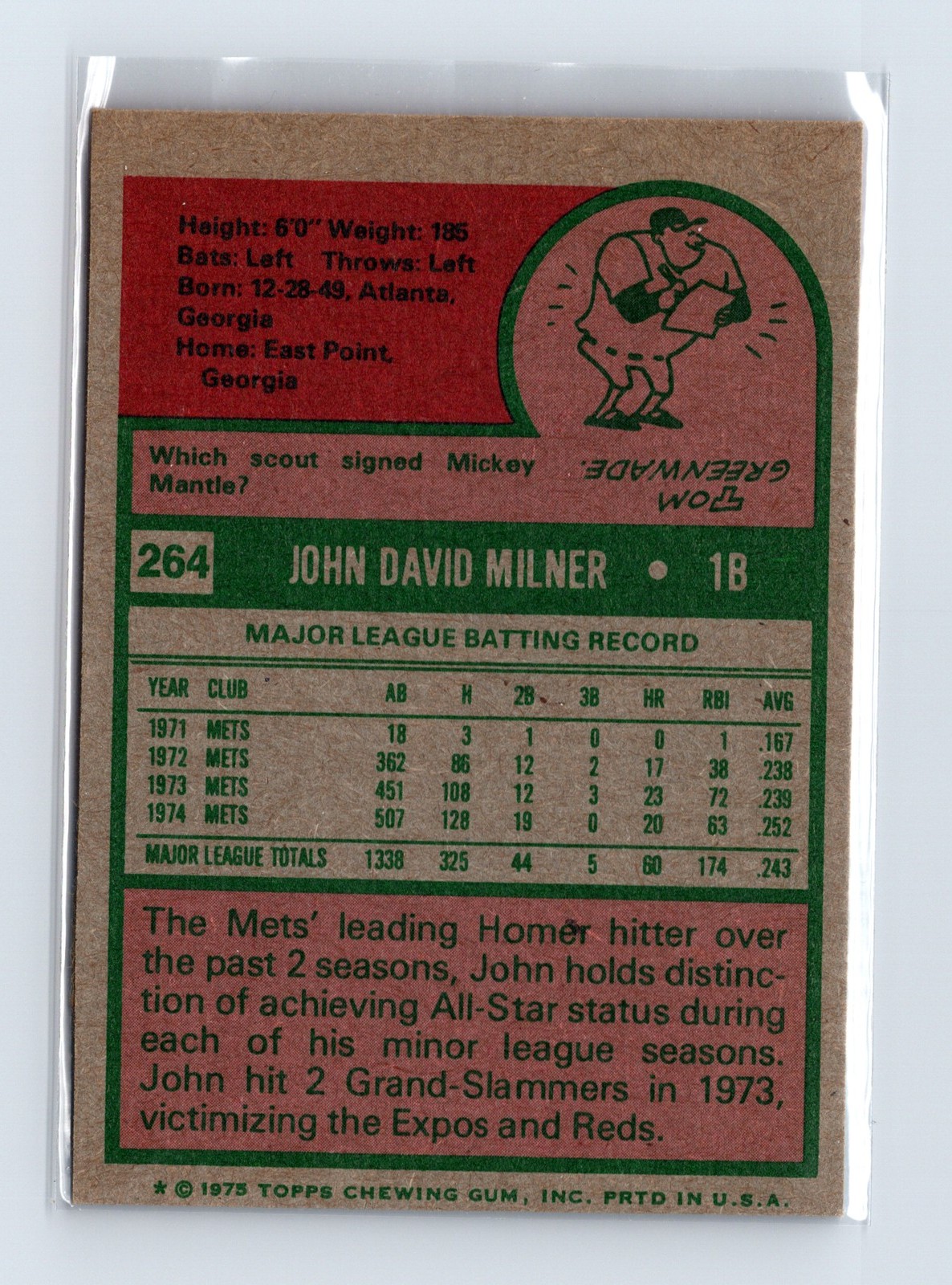 1975 Topps Baseball - SET BREAK - #264 John Milner - Image 2