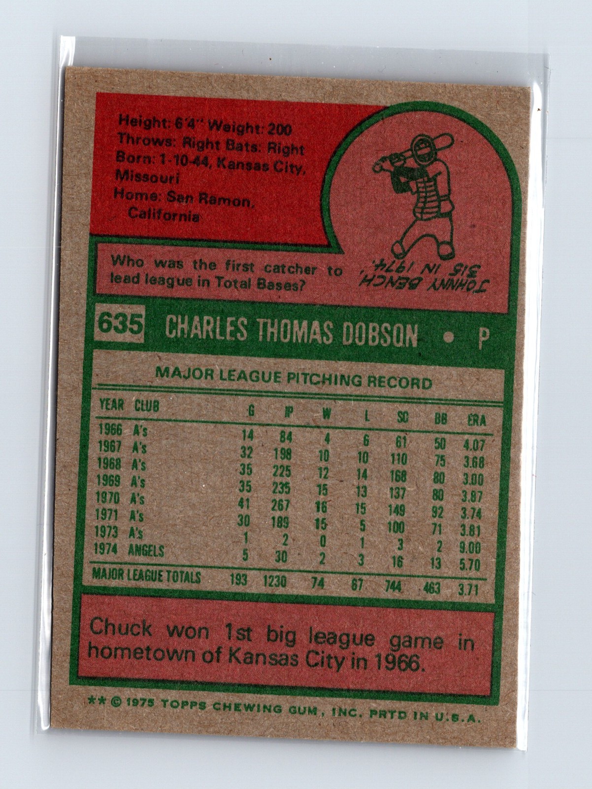 1975 Topps Baseball - SET BREAK - #635 Chuck Dobson - Image 2