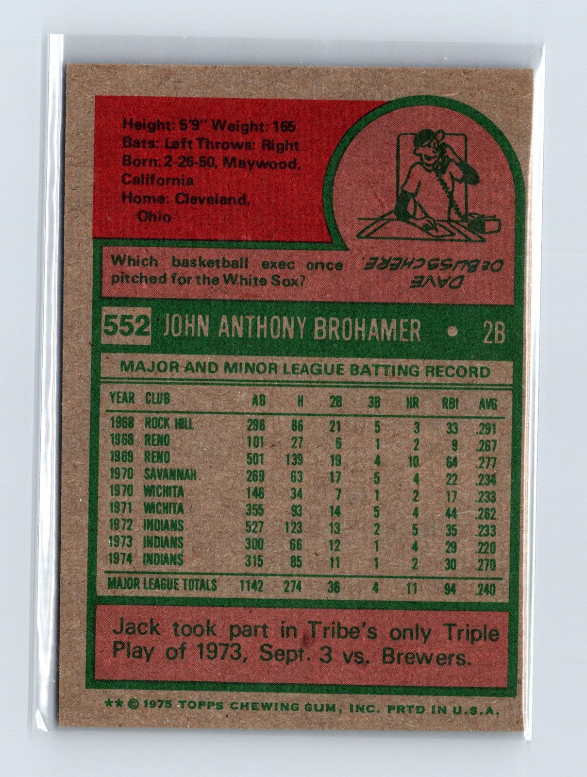 1975 Topps Baseball - SET BREAK - #552 Jack Brohamer - Image 2
