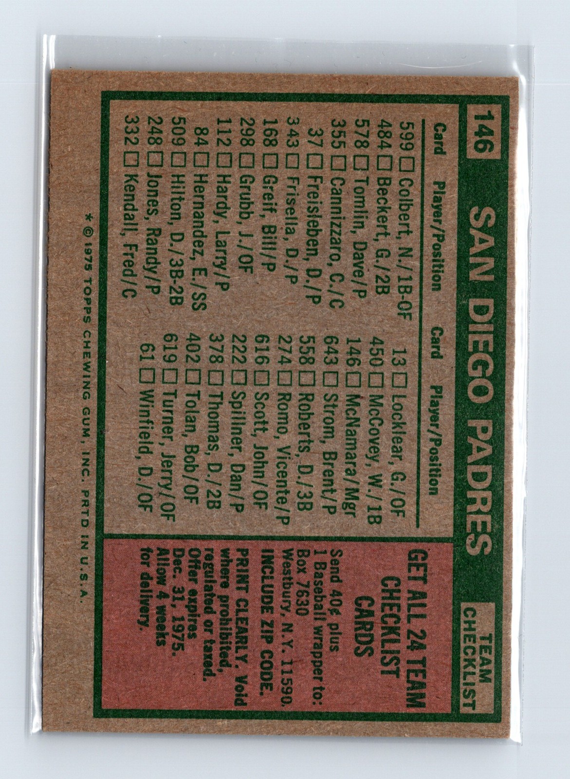 1975 Topps Baseball - SET BREAK - #146 Team Checklists San Diego Padres - Image 2
