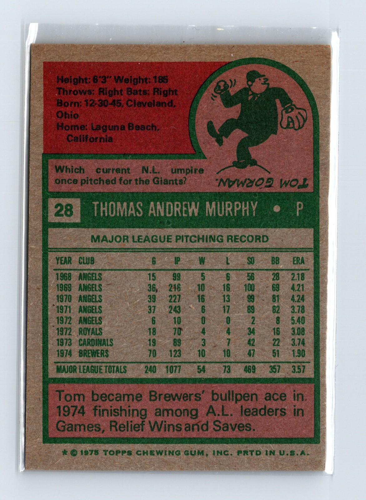 1975 Topps Baseball - SET BREAK - #28 Tom Murphy - Image 2