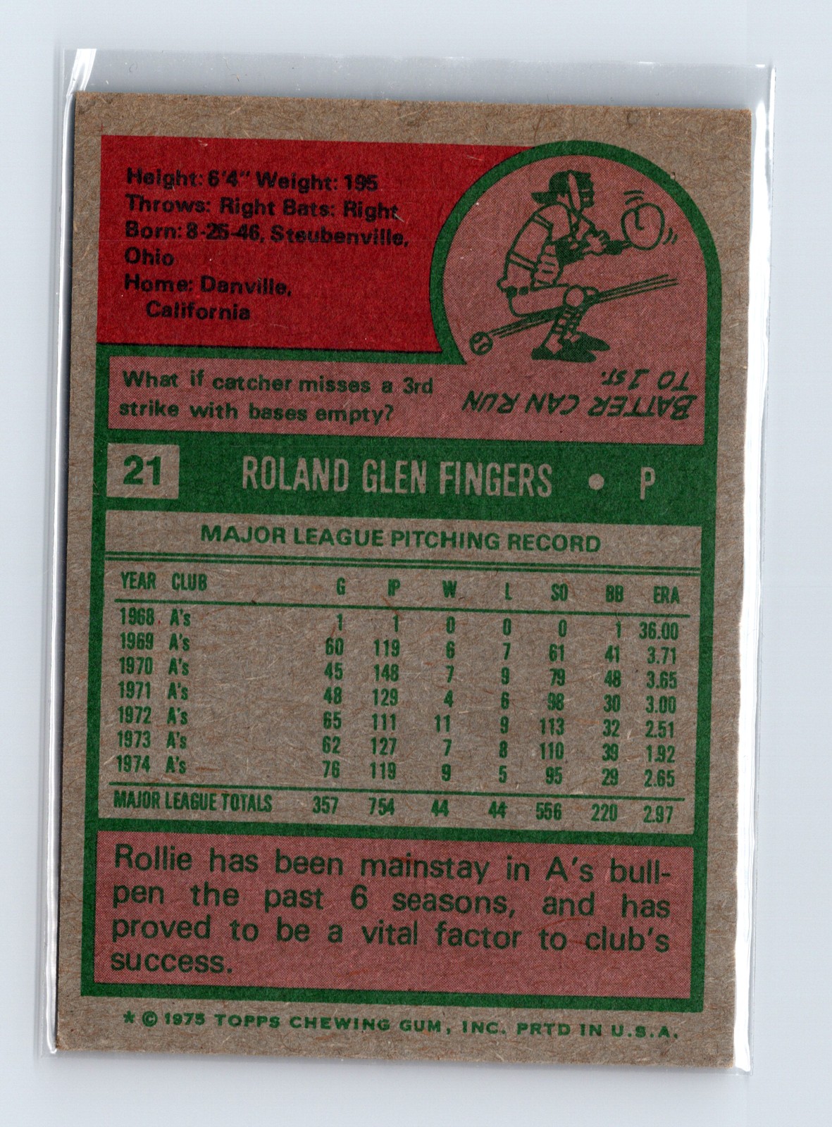 1975 Topps Baseball - SET BREAK - #21 Rollie Fingers (HOF) - Image 2
