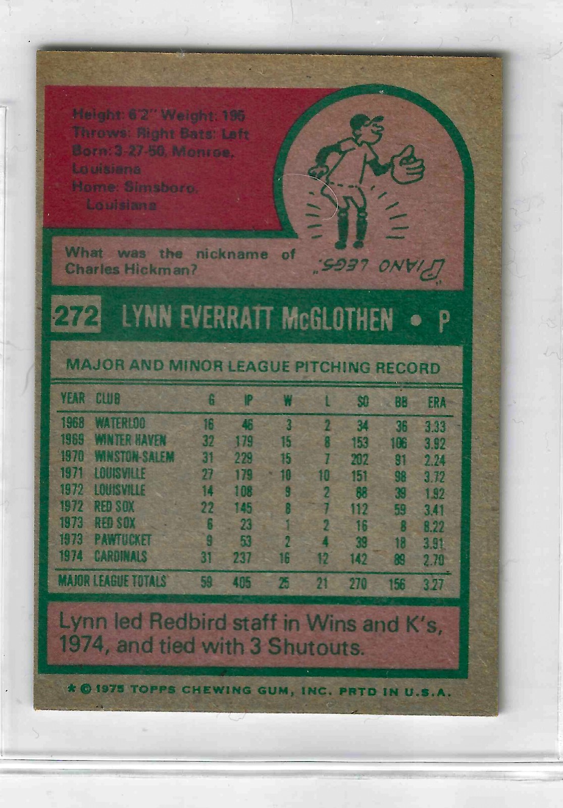 1975 Topps MINI Baseball - SET BREAK - Lynn McGlothen #272 - Image 2