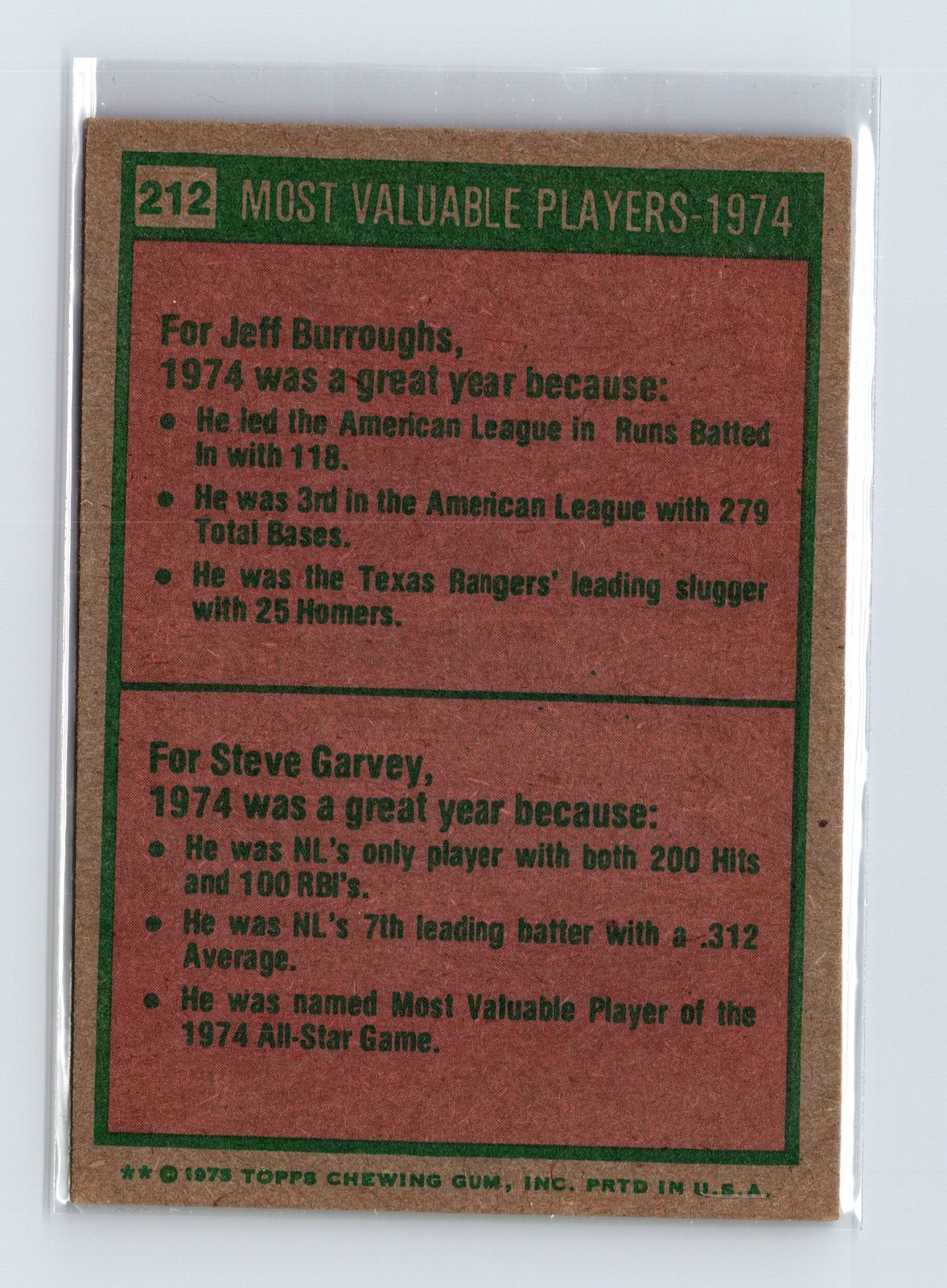 1975 Topps Baseball - SET BREAK - #212 1974 MVPs Burroughs Garvey - Image 2