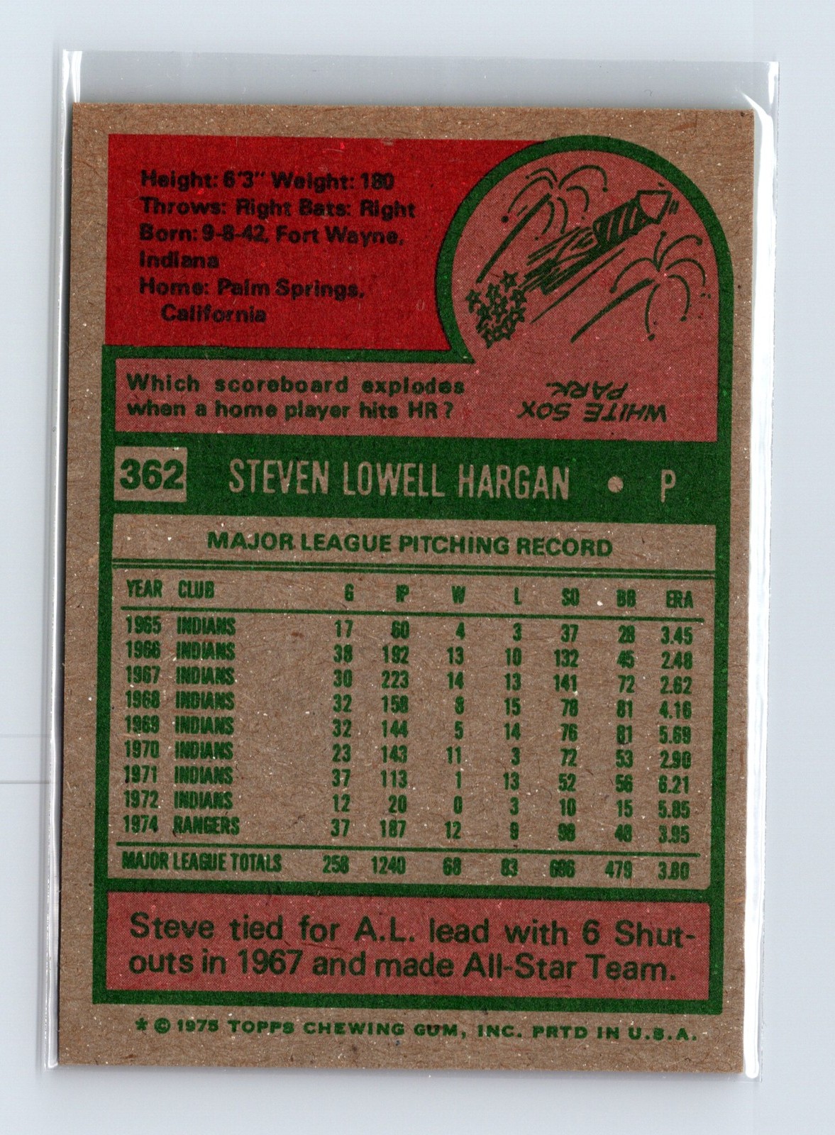 1975 Topps Baseball - SET BREAK - #362 Steve Hargan - Image 2