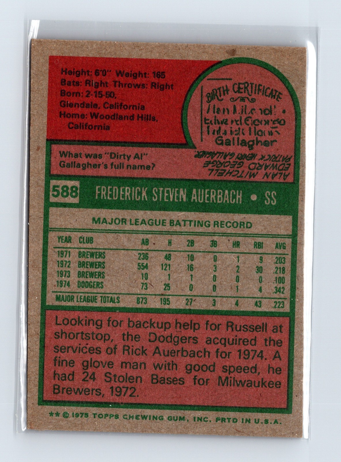 1975 Topps Baseball - SET BREAK - #588 Rick Auerbach - Image 2