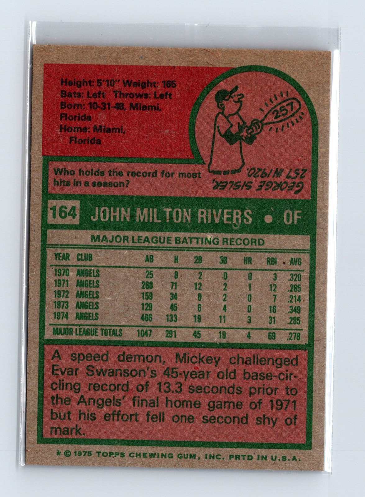 1975 Topps Baseball - SET BREAK - #164 Mickey Rivers - Image 2