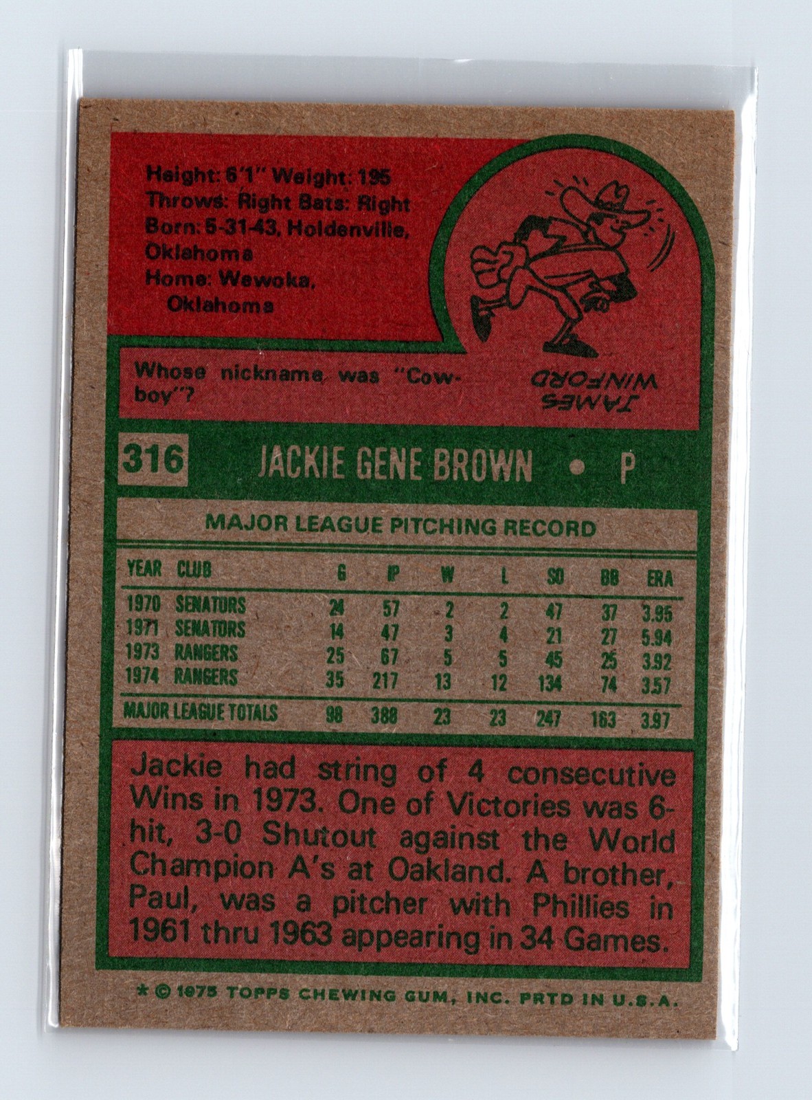 1975 Topps Baseball - SET BREAK - #316 Jackie Brown - Image 2