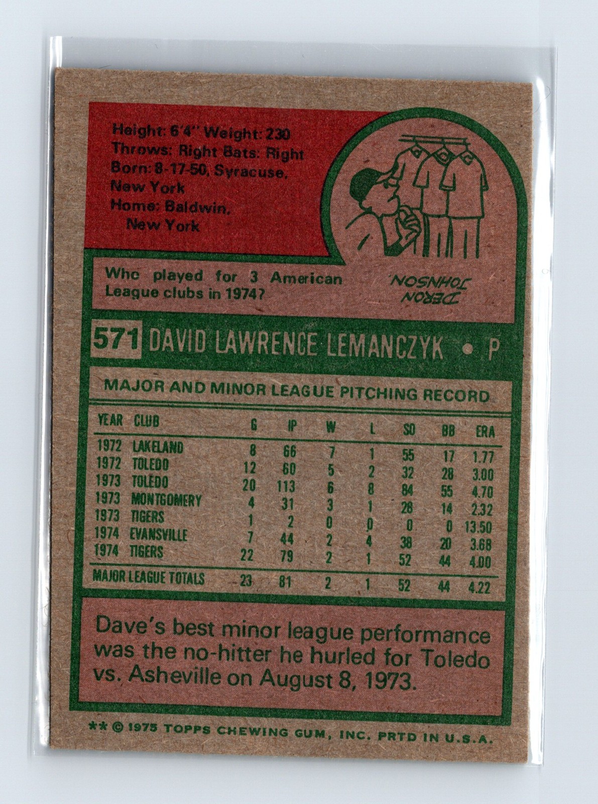 1975 Topps Baseball - SET BREAK - #571 Dave Lemanczyk (RC) - Image 2