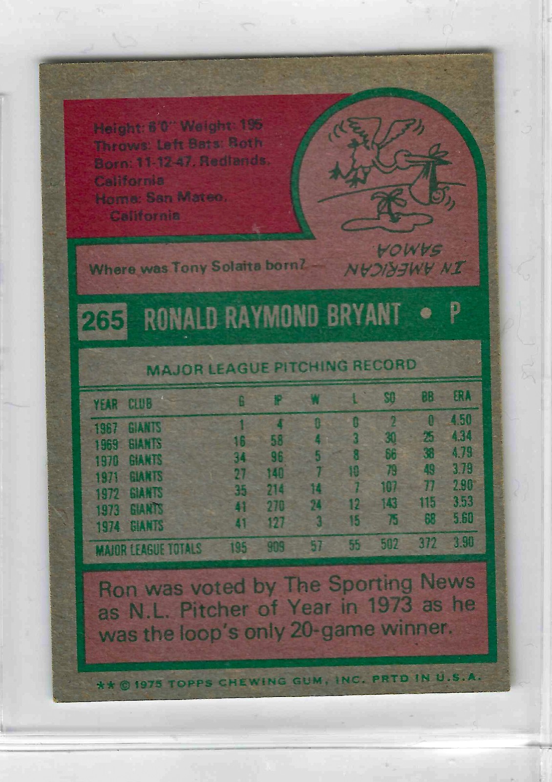 1975 Topps MINI Baseball - SET BREAK - Ron Bryant #265 - Image 2