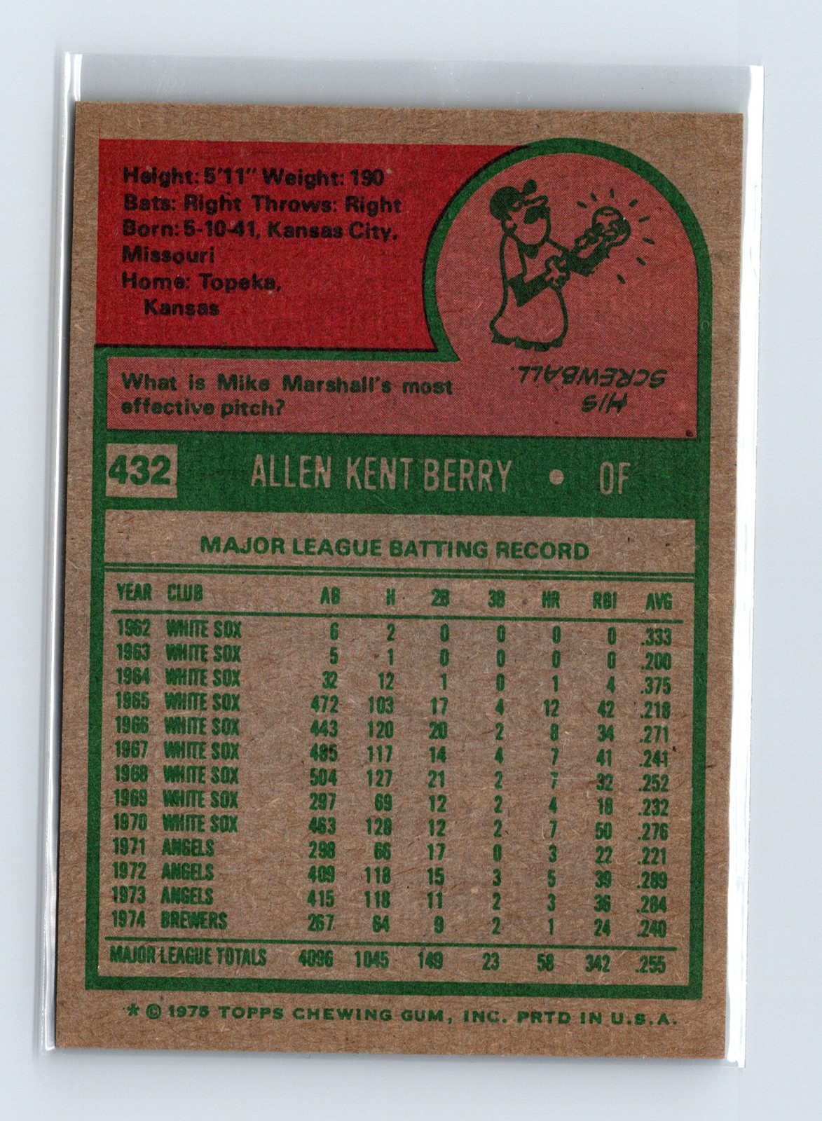 1975 Topps Baseball - SET BREAK - #432 Ken Berry - Image 2