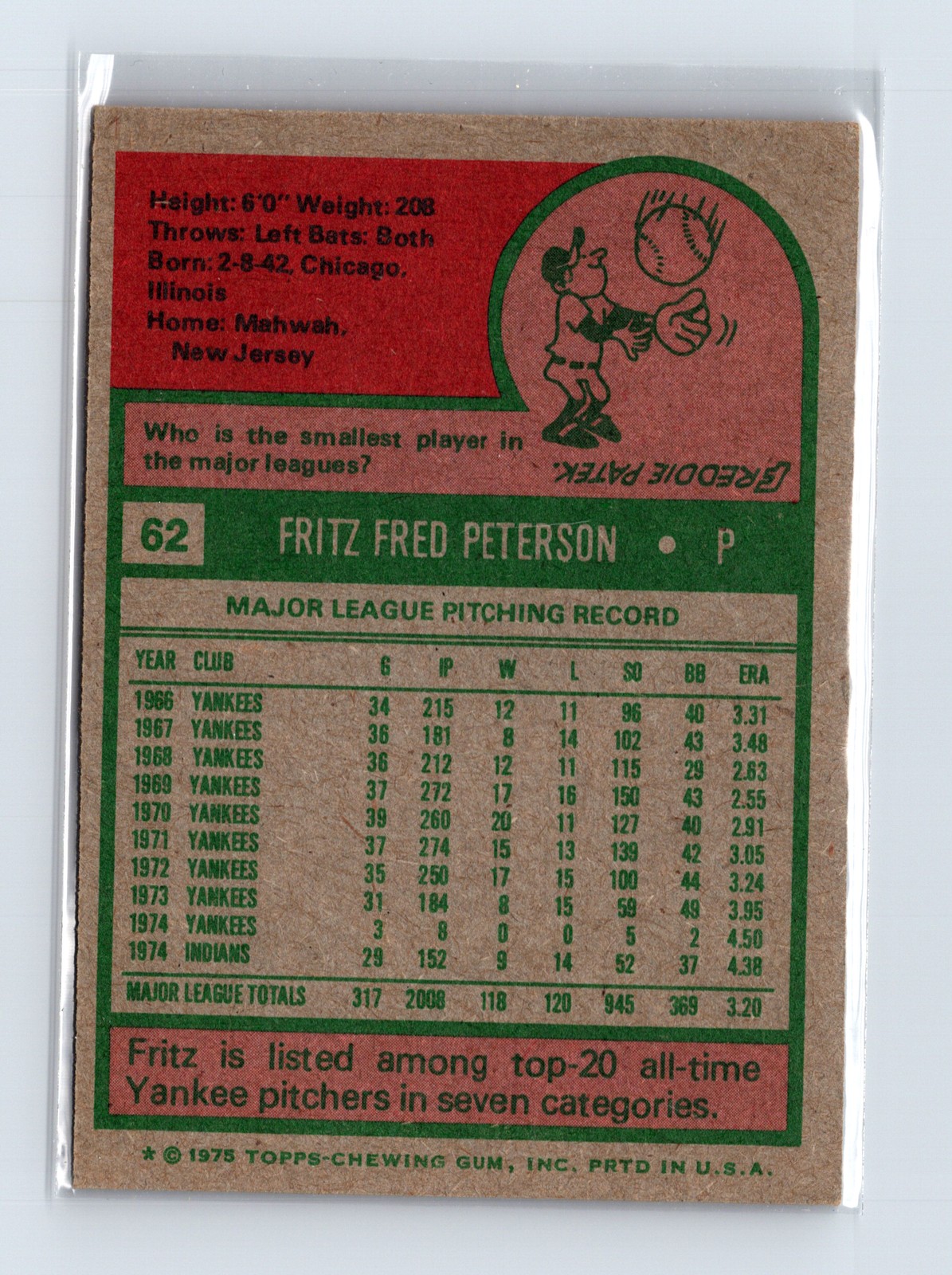 1975 Topps Baseball - SET BREAK - #62 Fritz Peterson - Image 2